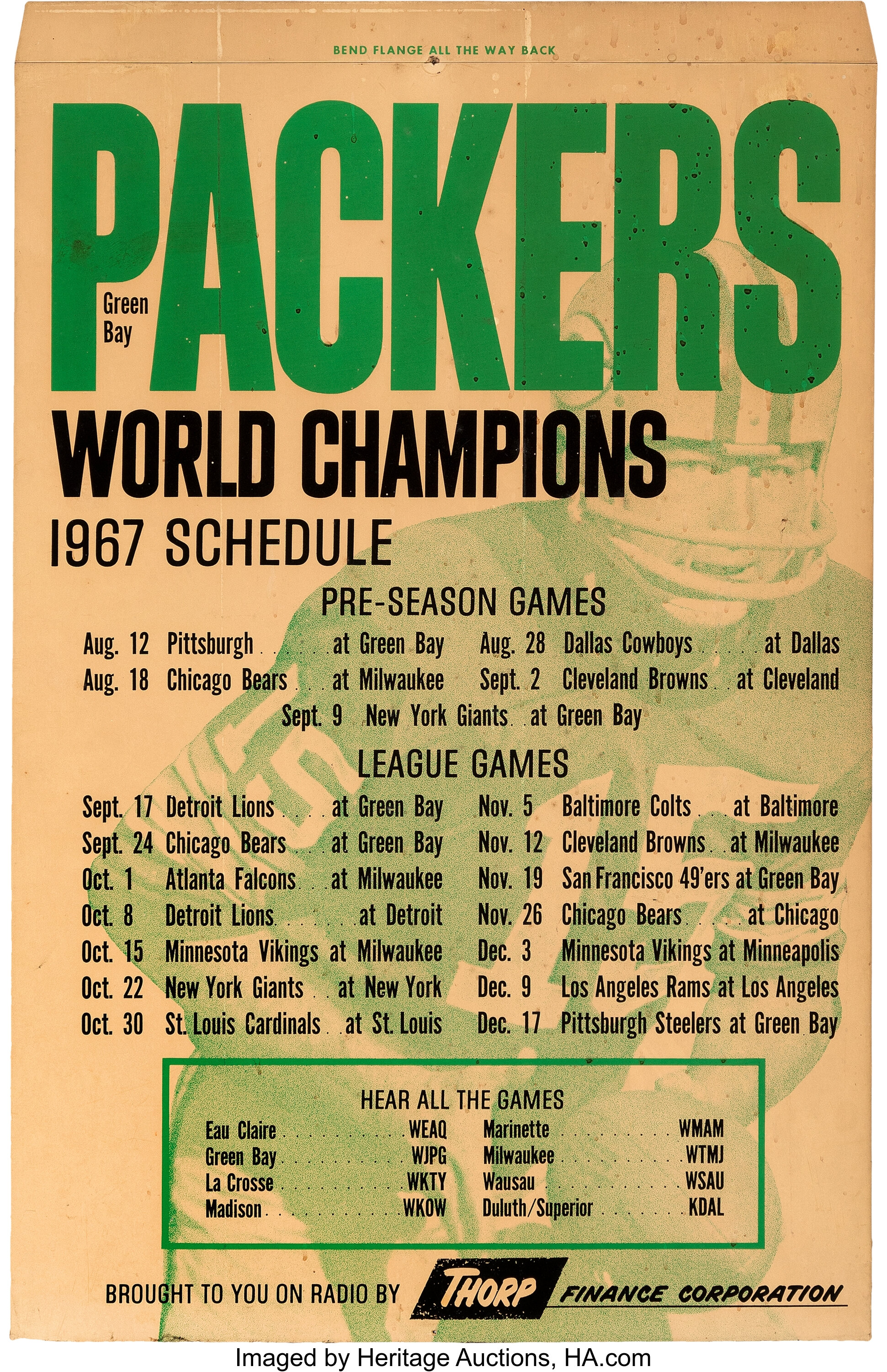 1967 Green Bay Packers 'Thorp' Schedule Cardboard Broadside