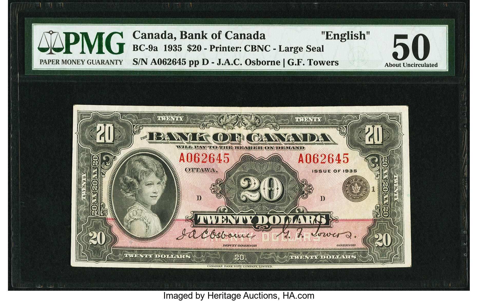 Canada Bank of Canada $20 1935 Pick 46a BC-9a Large Seal PMG About