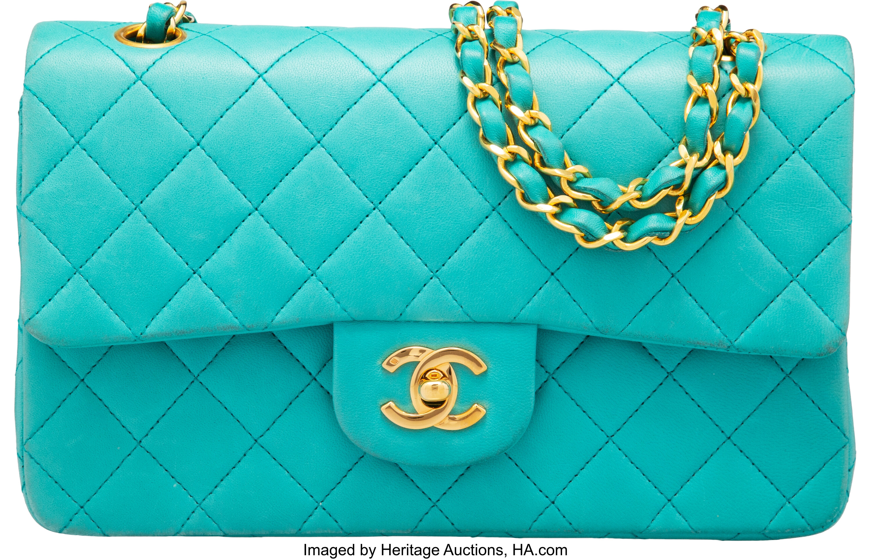 Chanel Vintage Turquoise Quilted Lambskin Leather Small Double Flap, Lot  #58194