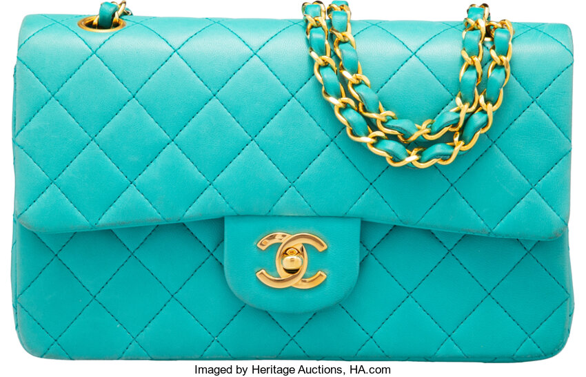 Chanel Vintage Turquoise Quilted Lambskin Leather Small Double