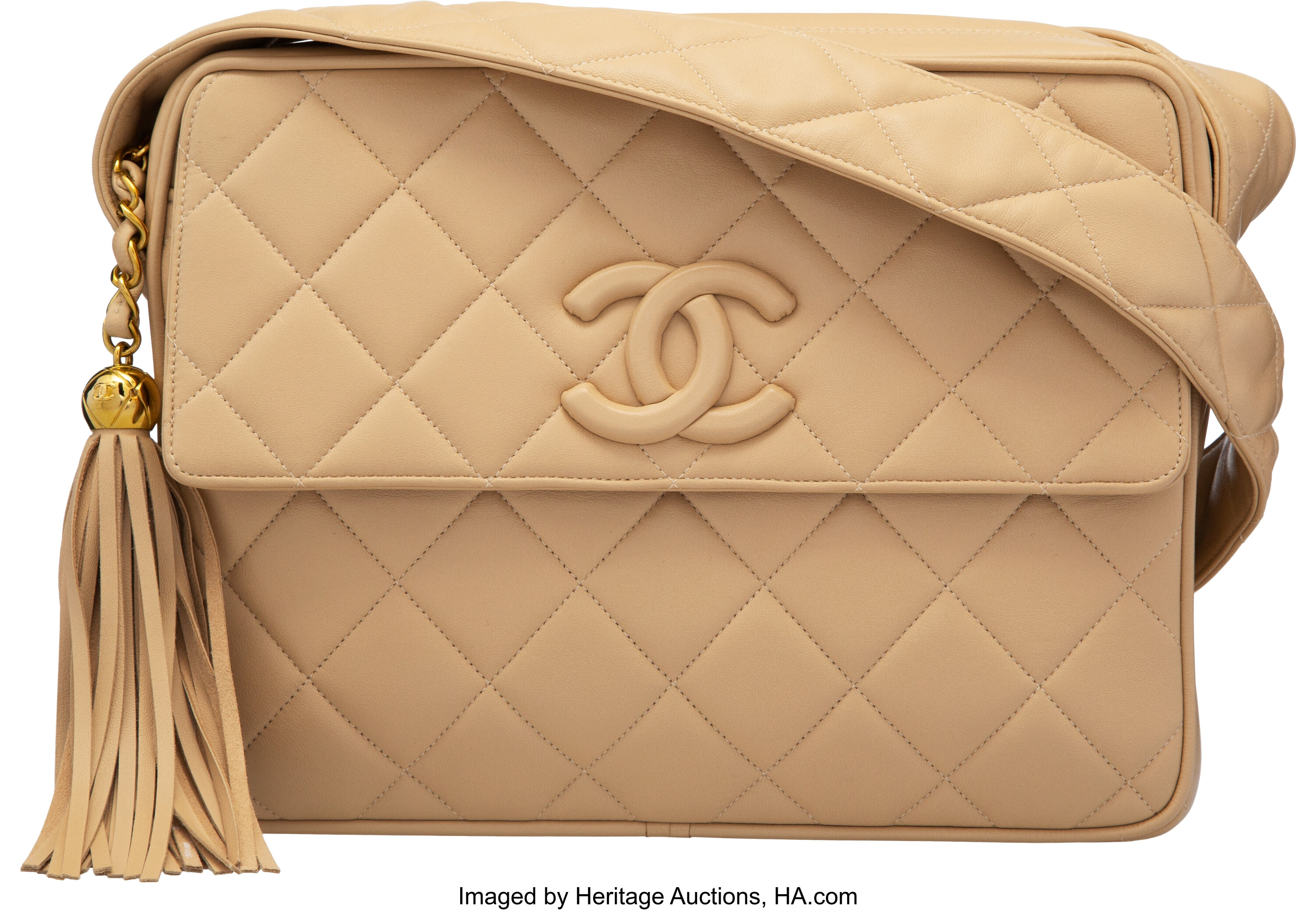 Chanel Beige Quilted Lambskin Leather Crossbody Camera Bag with, Lot  #58042