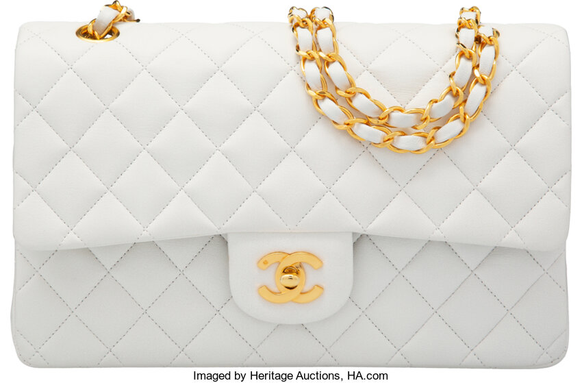 Chanel Vintage White Lambskin Leather Medium Double Flap Bag with