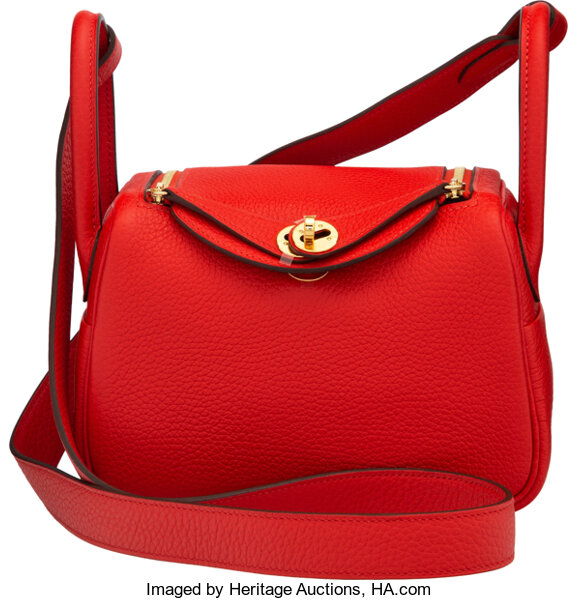 Hermès 20cm Rouge Tomate Clemence Leather Lindy Bag with Gold
