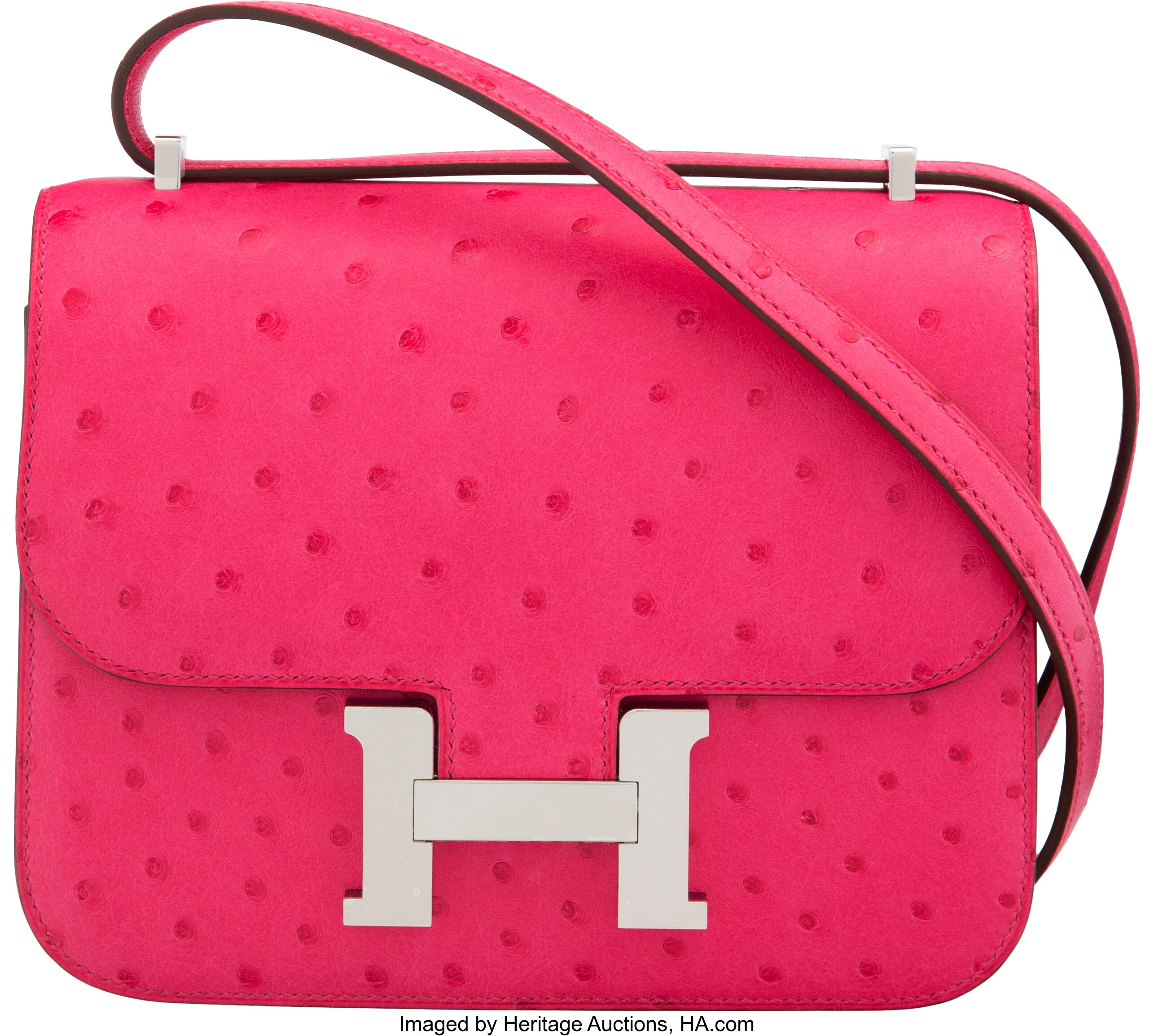 HERMÈS, ROSE TYRIEN CONSTANCE 18CM IN OSTRICH WITH PALLADIUM HARDWARE, Handbags & Accessories, 2020