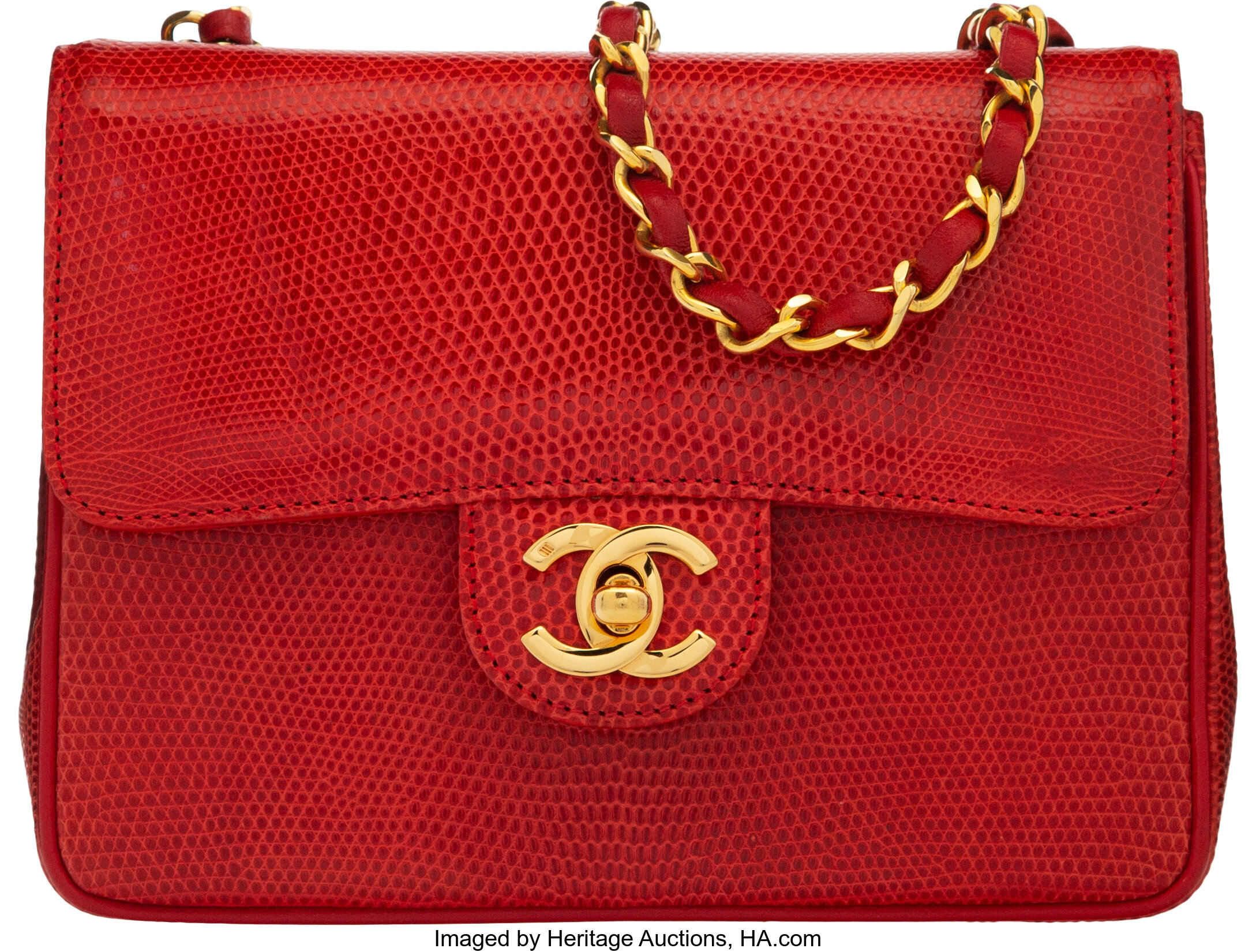 Chanel Vintage Red Lizard Mini Square Flap Bag with Gold Hardware., Lot  #58106