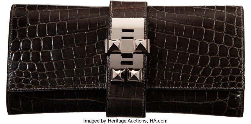 Hermès Graphite Shiny Alligator Medor 23 Clutch Palladium Hardware