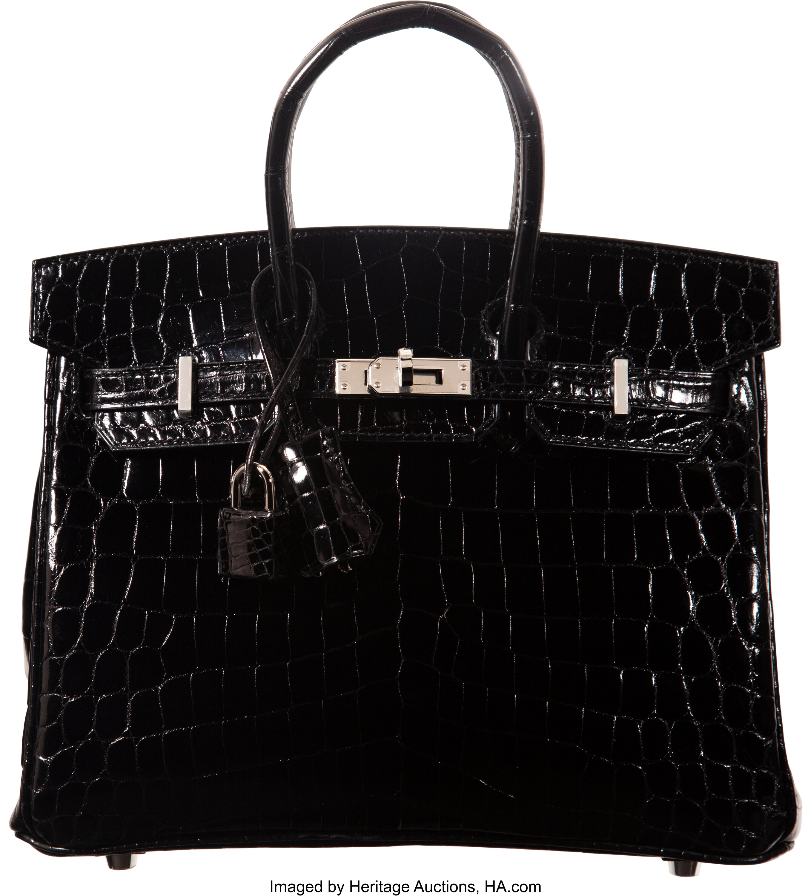 Hermès 25cm Shiny Black Niloticus Crocodile Birkin Bag with