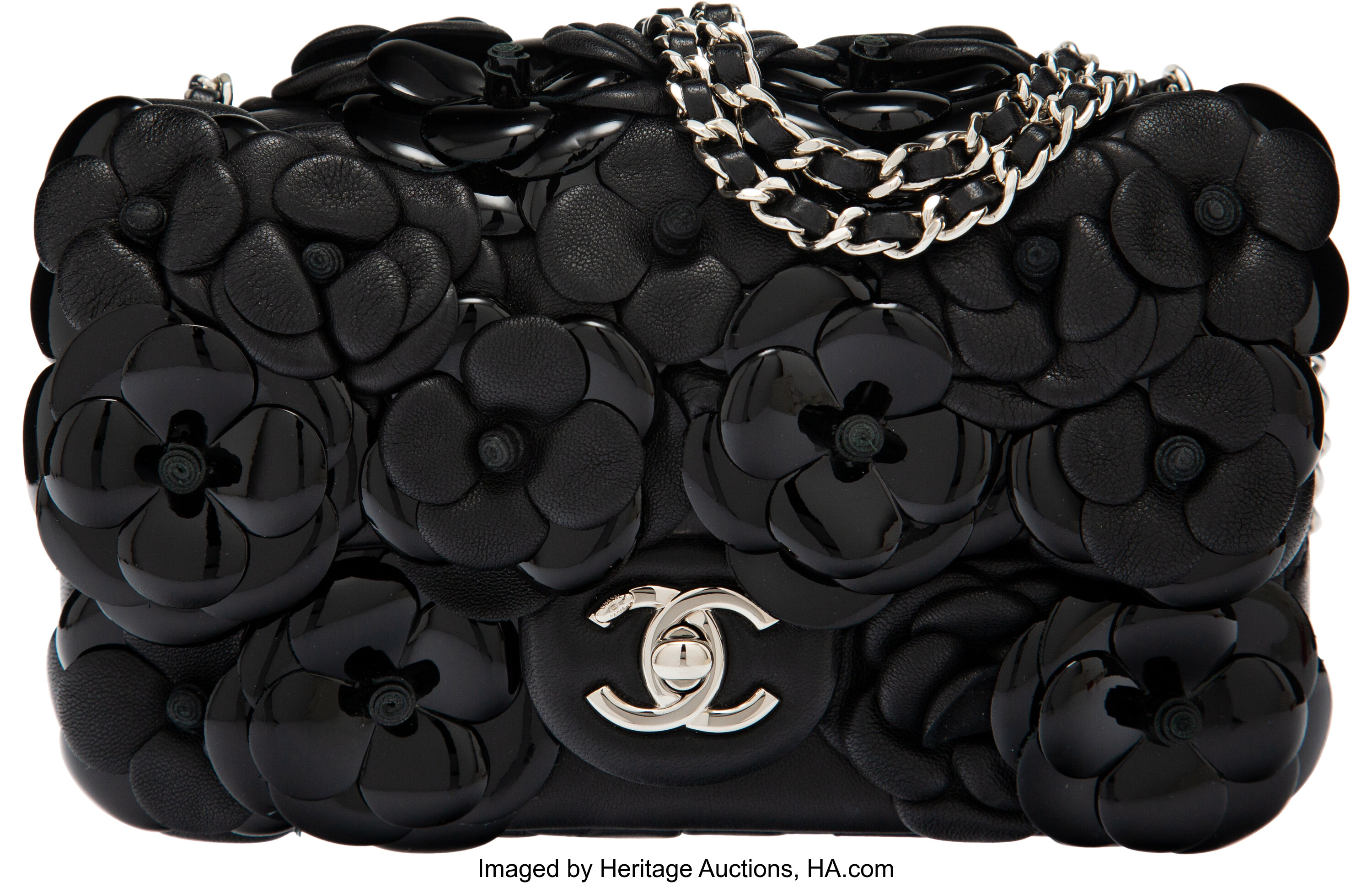 Chanel Black Lambskin & Patent Leather Camellia Flap Bag with
