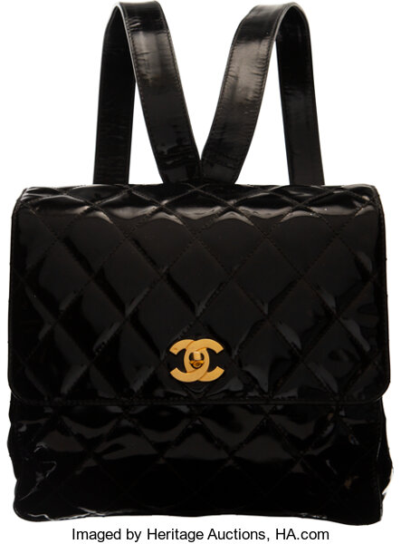 Chanel Vintage Black Quilted Patent Leather Square Backpack with