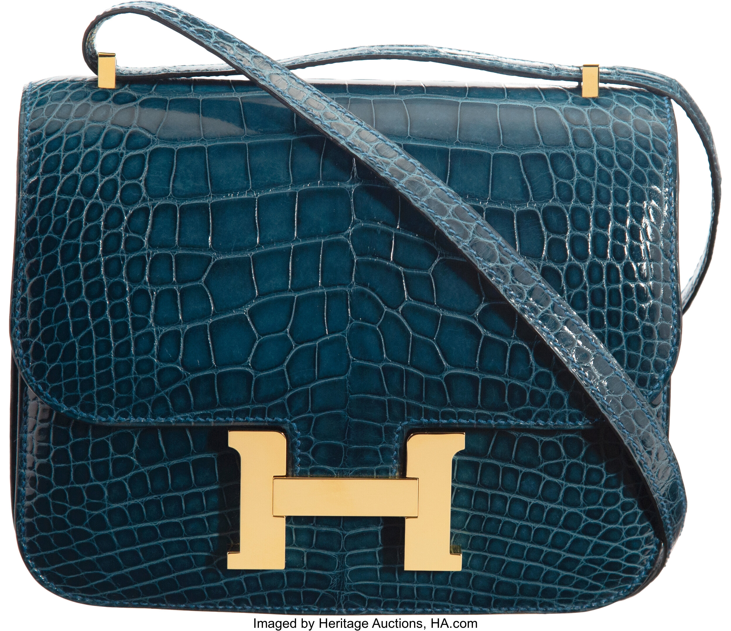 Stock Hermes 7W Blue Izmir Shiny Crocodile Constance Bag24cm Gold