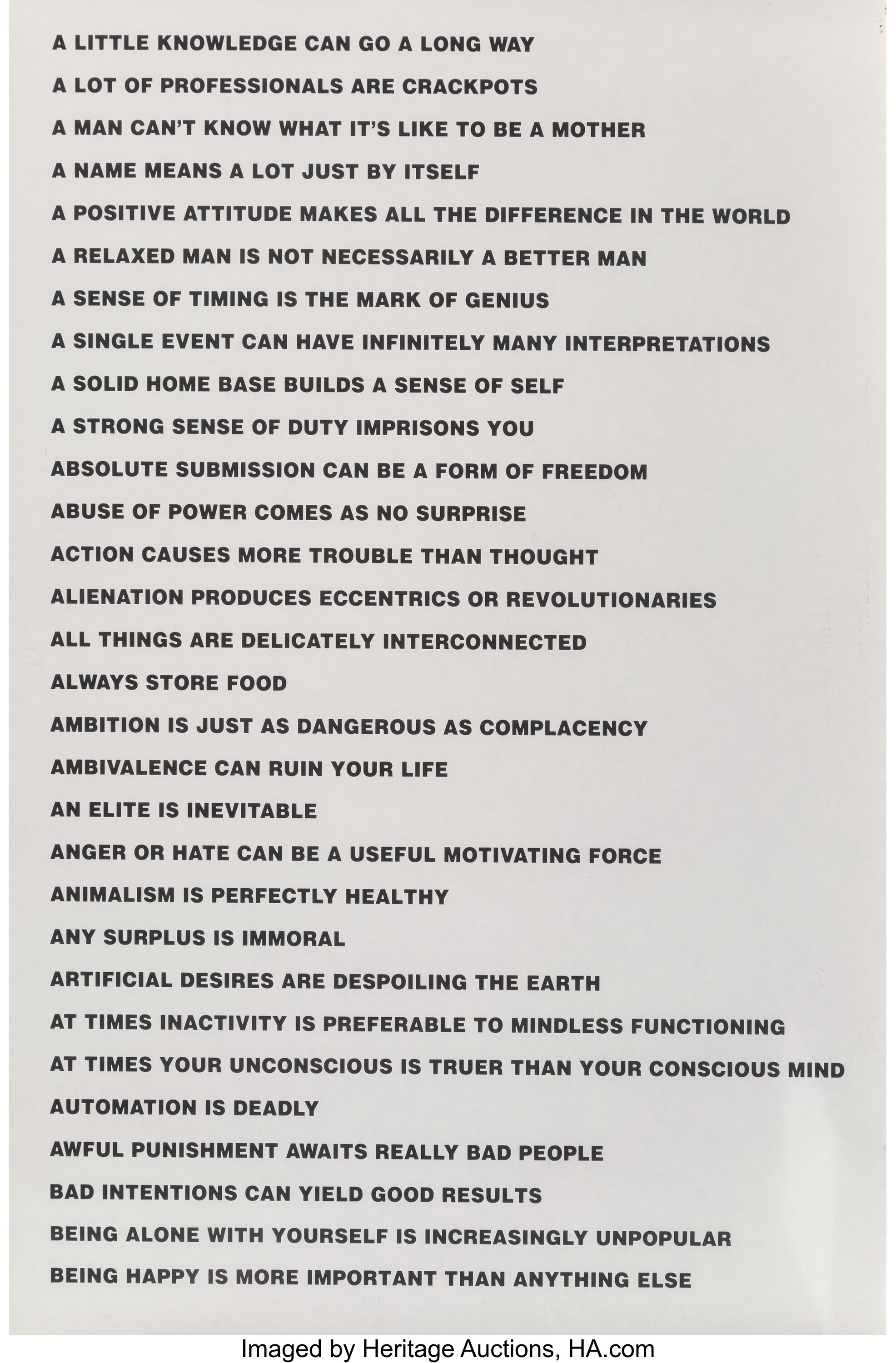 Lot - Jenny HOLZER (Née en 1950) Poster for the Truisms series (1977 /  1979) - 3 planches - circa 1985 Lithographie offset en noir et blan -  Catalog# 735868 Prints & Multiples Online