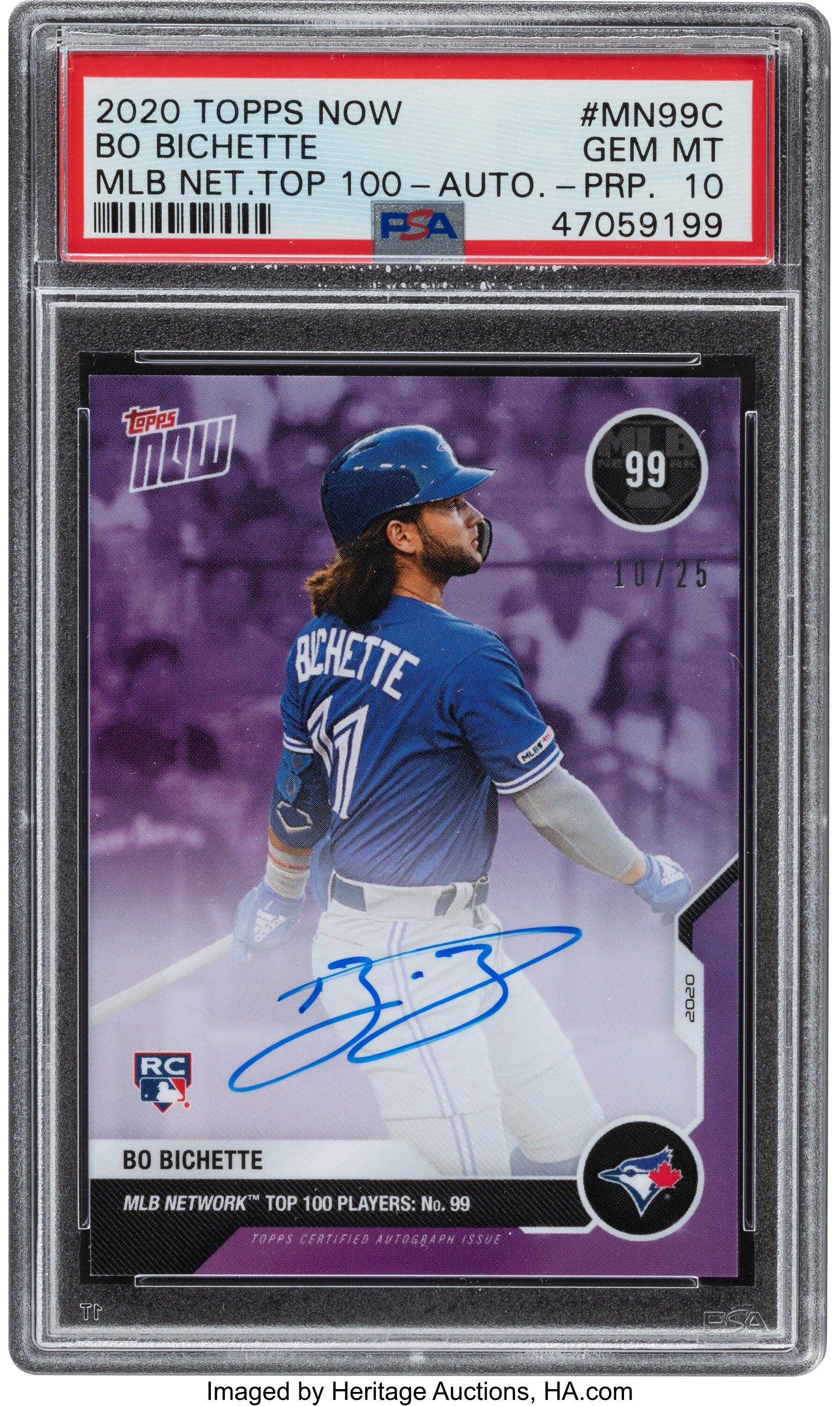 2020 Topps Now Bo Bichette Top 100 Autograph Purple #'d 10/25 PSA