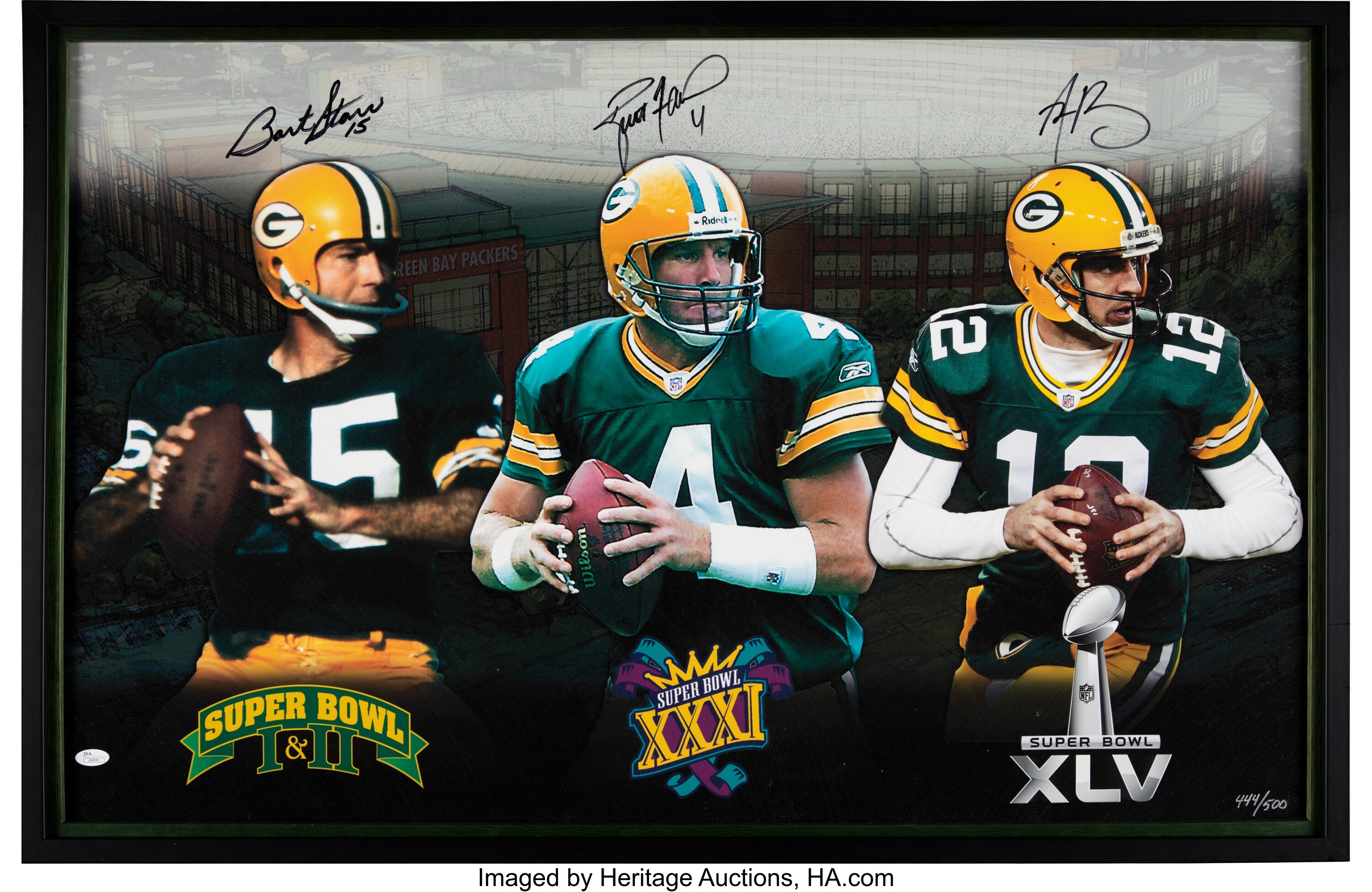 Bart Starr Brett Favre Aaron Rodgers Iconic Ink Triple Cuts facs auto  1/1000 Green Bay Packers Mint