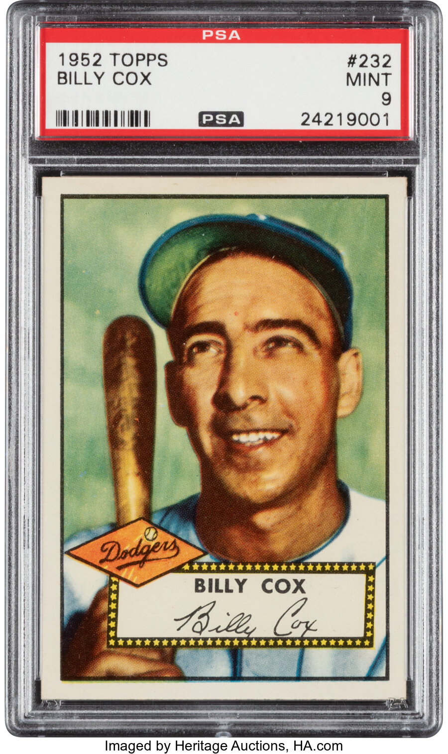 1952 Topps Billy Cox #232 PSA Mint 9 - Pop Four, None Higher