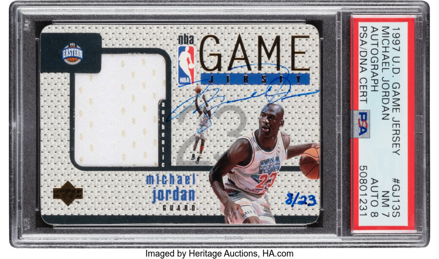 1997 Upper Deck Game Jersey Michael Jordan (Autograph) #GJ13S PSA NM 7, Auto 8 - #'d 8/23