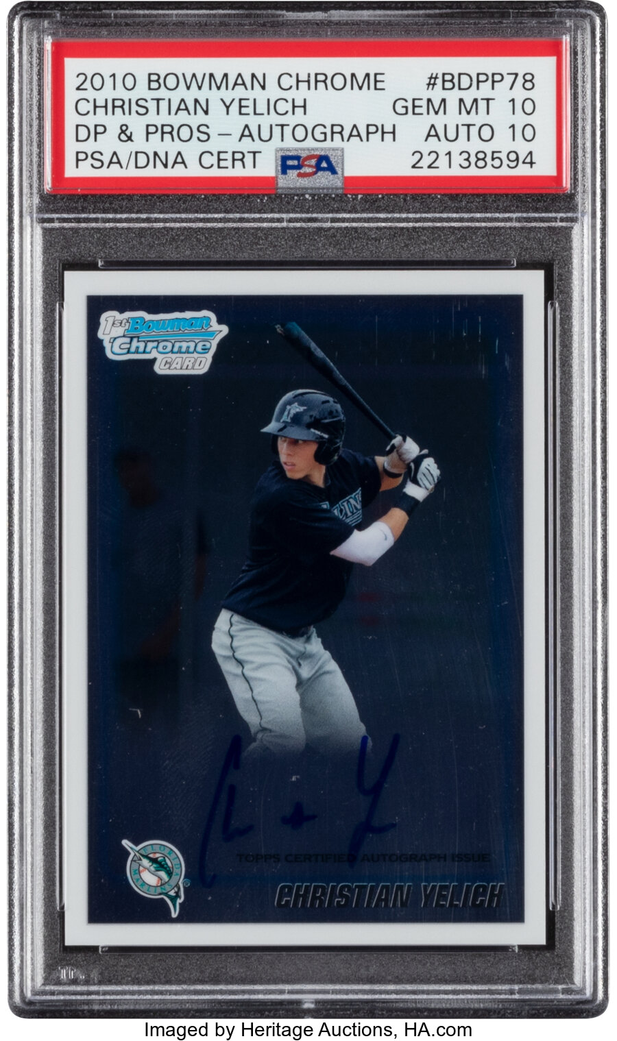 2010 Bowman Chrome Draft Prospect Autograph Christian Yelich #BDPP78 PSA Gem Mint 10, Auto 10