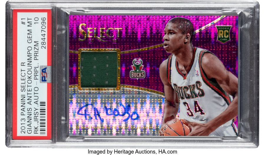 2013 Panini Select Giannis Antetokounmpo Purple Prizm Rookie Jersey Autograph #1 PSA Gem Mint 10 - Serial Numbered 35/99