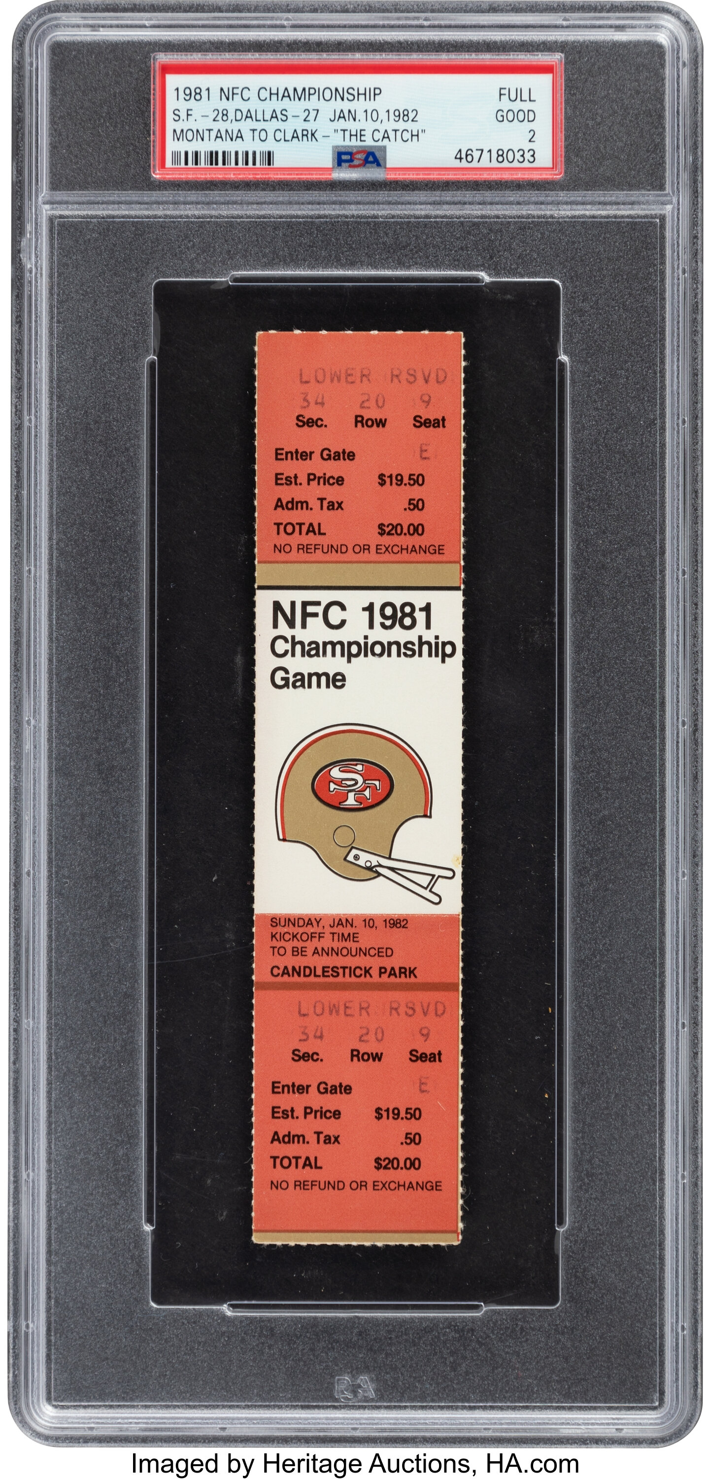 1981 NFC Championship Game Full Ticket, PSA Good 2 - The Catch!, Lot  #60476