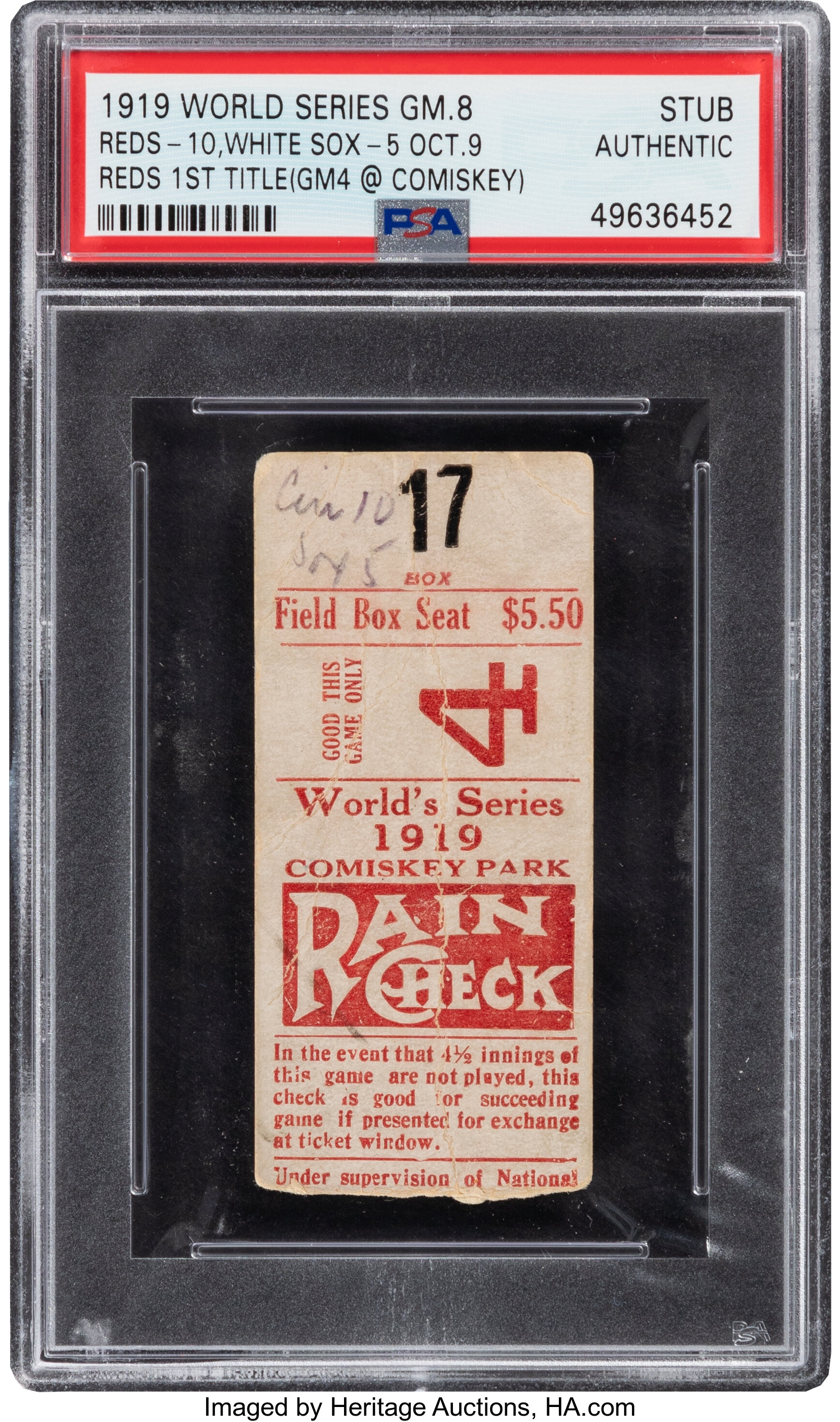 1919 World Series (Game 8) Ticket Stub, PSA Authentic- One of Only