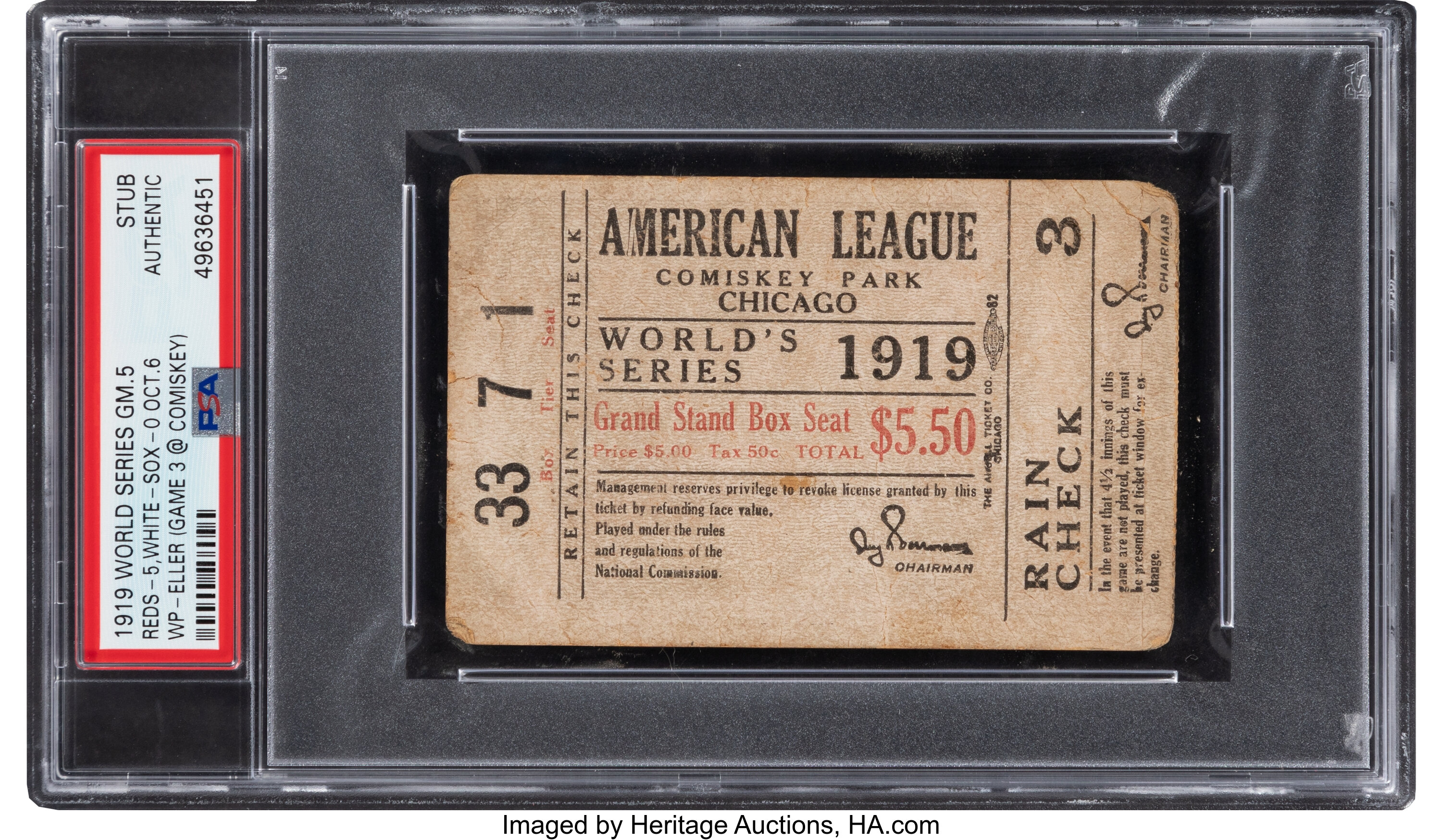 1919 World Series (Game 8) Ticket Stub, PSA Authentic- One of Only