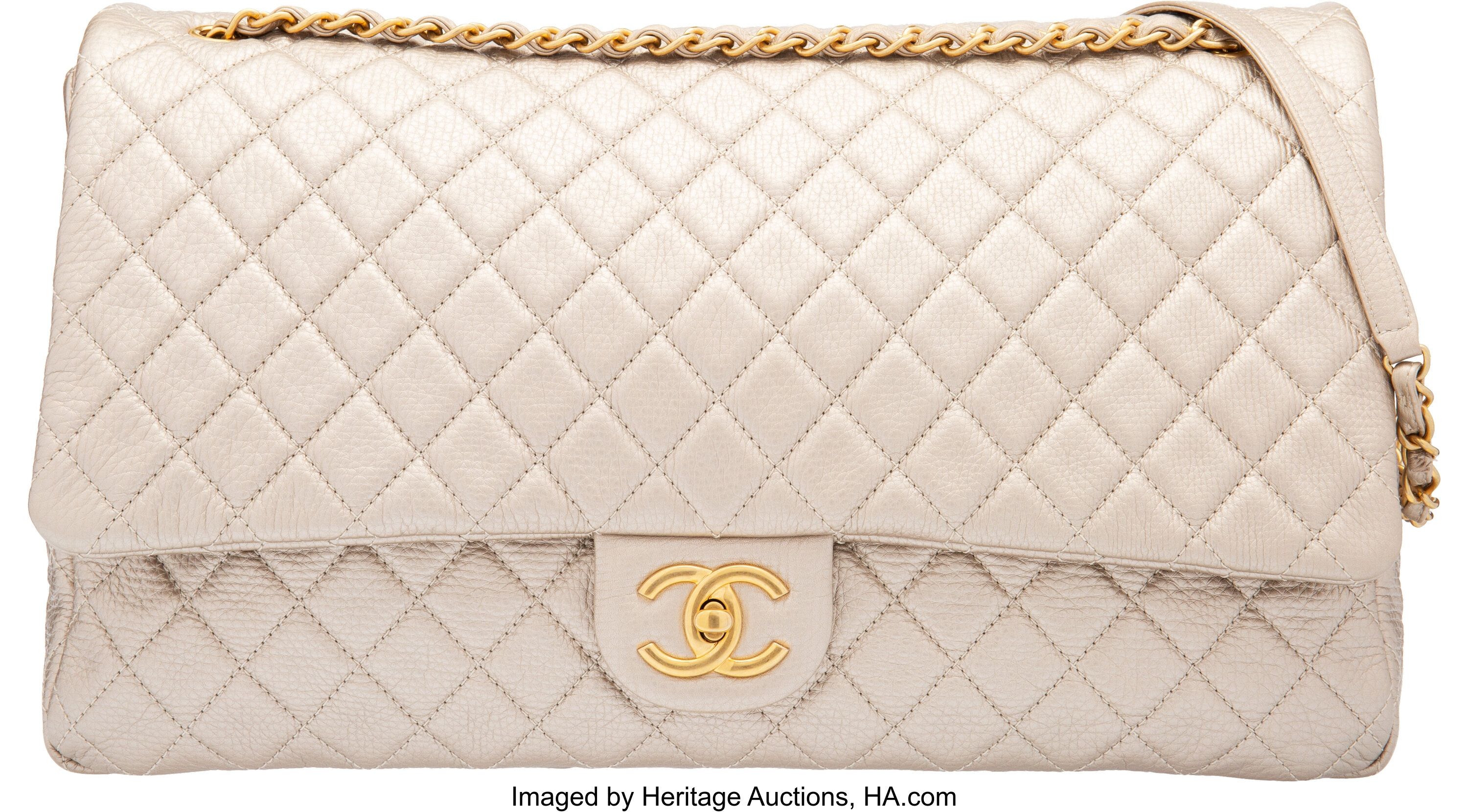 Chanel Metallic Beige Quilted Calfskin Leather XXL Airline Flap Bag, Lot # 15051