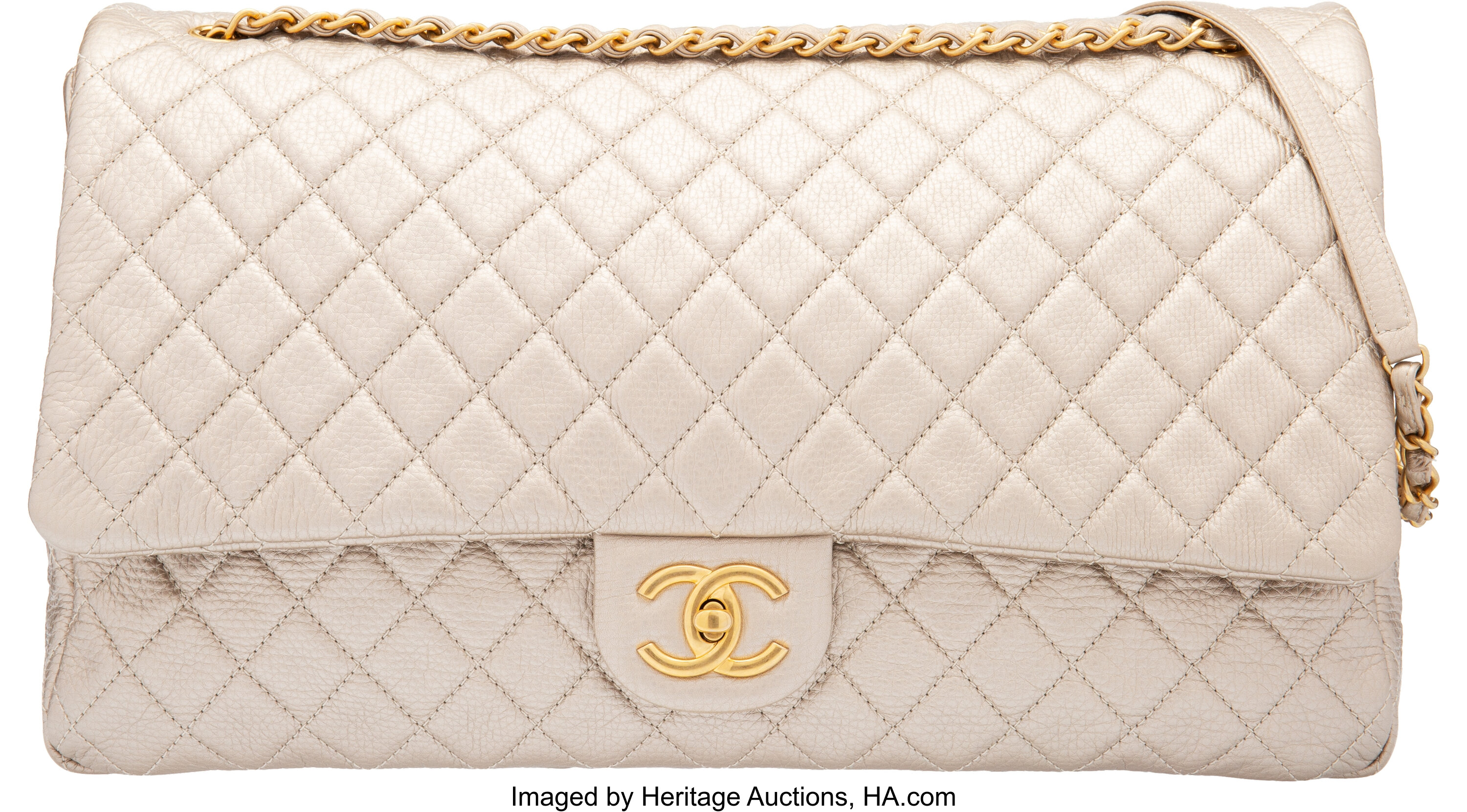 Chanel Metallic Beige Quilted Calfskin Leather XXL Airline Flap Bag, Lot  #15051