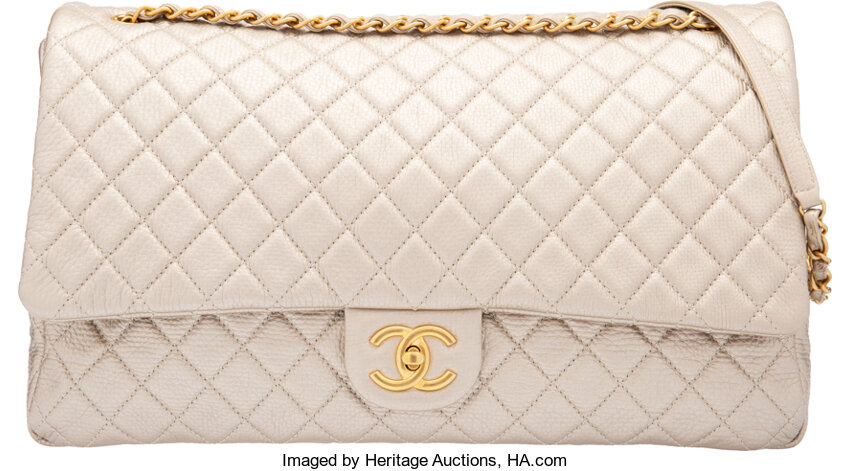 Chanel Metallic Beige Quilted Calfskin Leather XXL Airline Flap