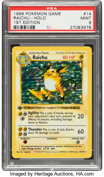 1999 Pokémon First Edition Raichu (Holo) #14 PSA Mint 9. | Lot