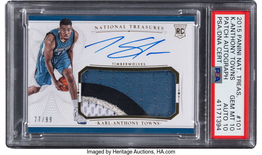 2015 Panini National Treasures Karl Anthony Towns (Patch Autograph) #101 PSA Gem Mint 10, Auto 10 - #'d 77/99--Population 1!