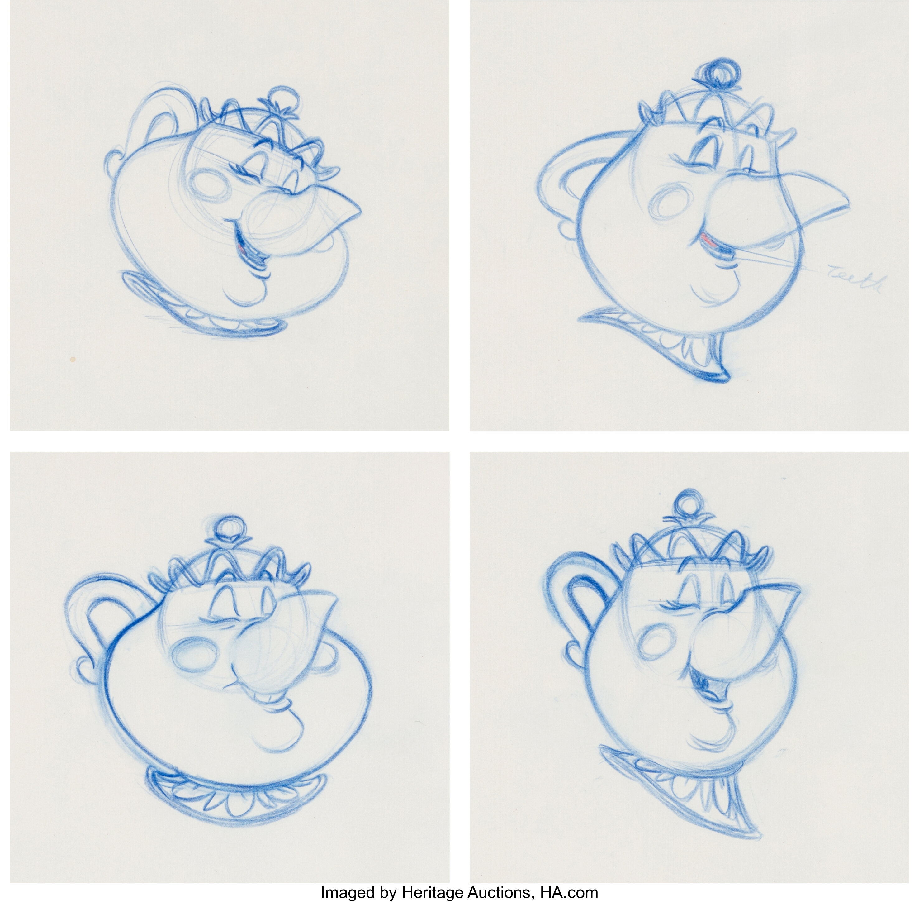 Beauty and the Beast Mrs. Potts Animation Drawings Group of 4 (Walt ...