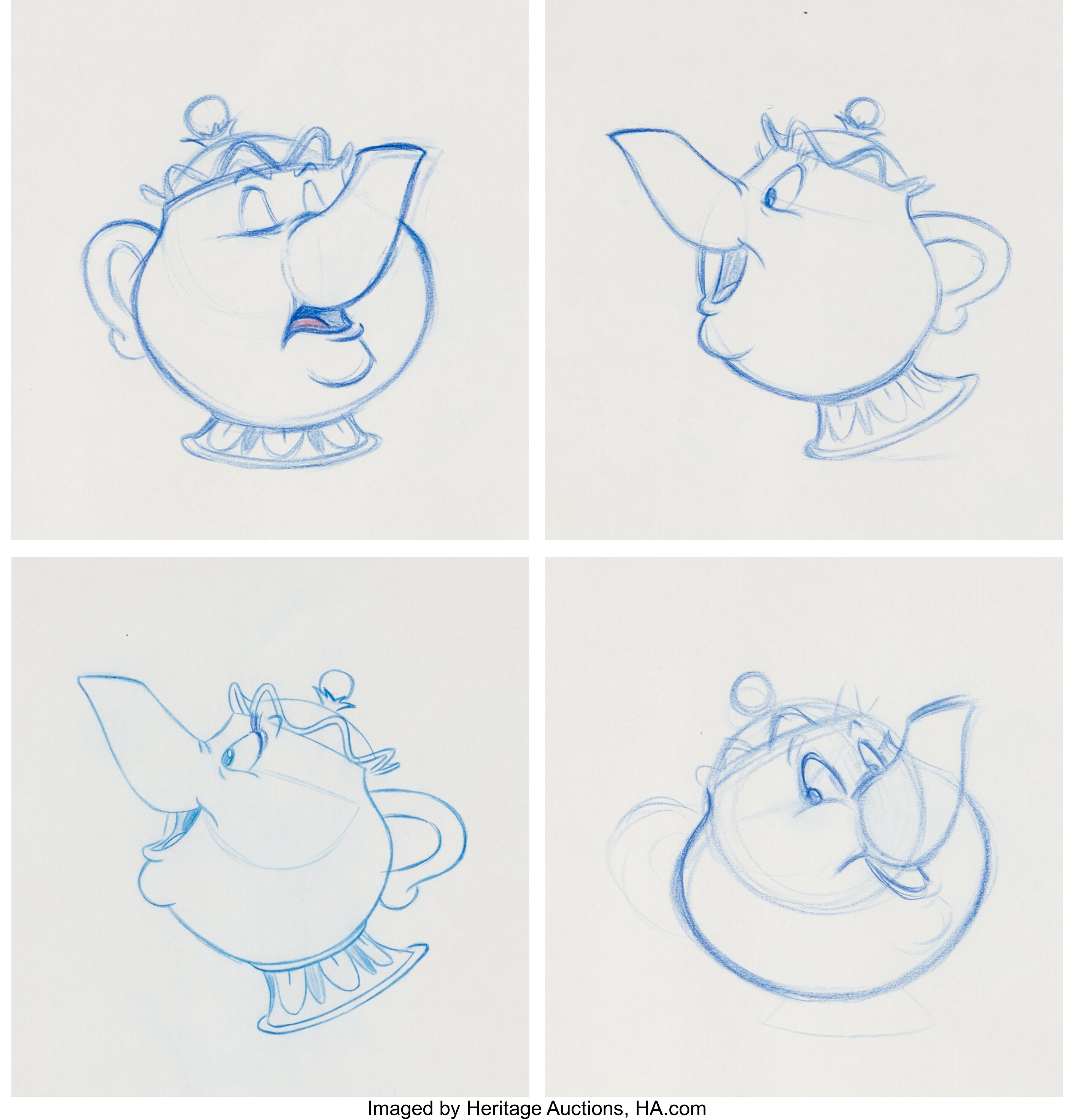 Beauty and the Beast Mrs. Potts Animation Drawings Group of 4 (Walt ...