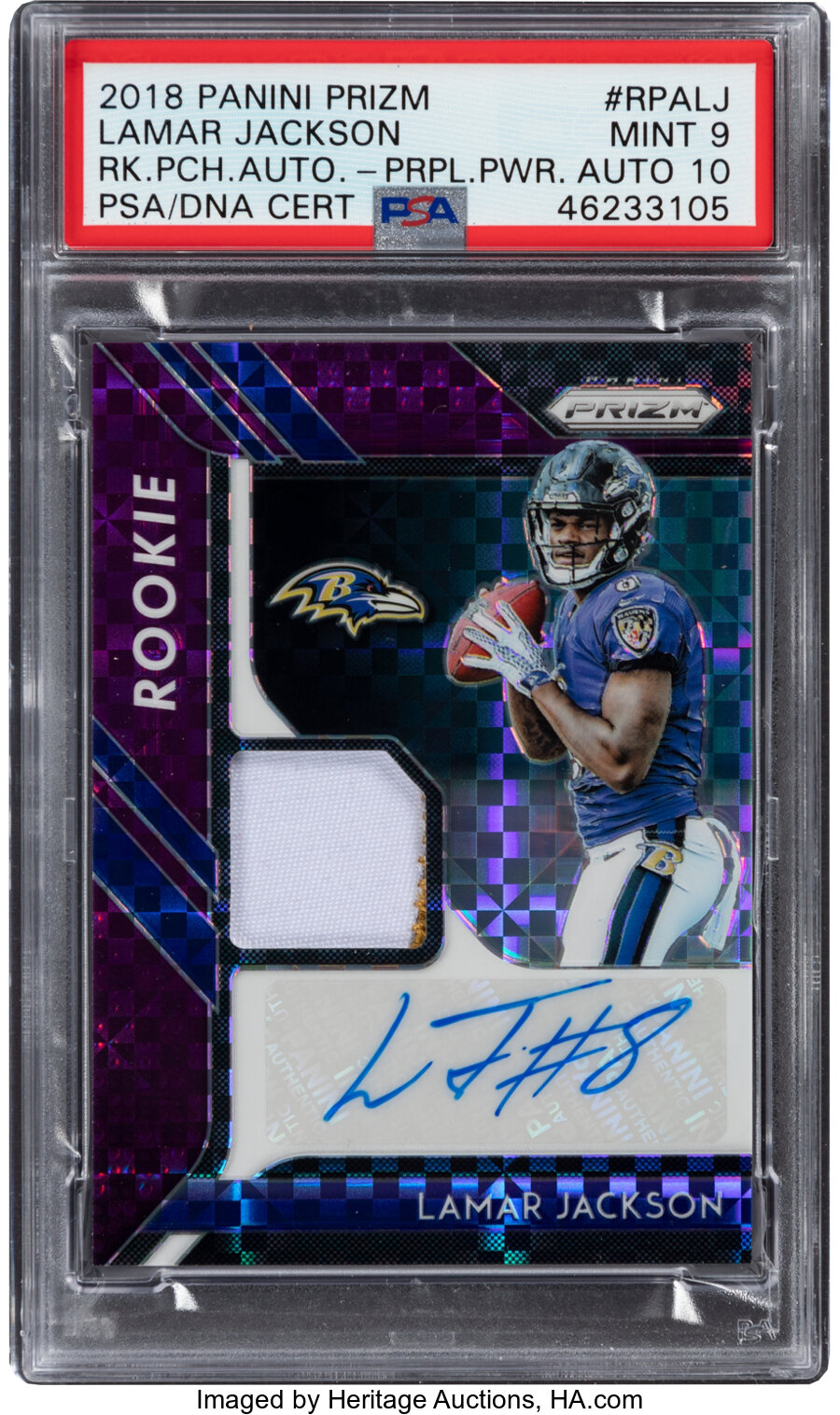 2018 Panini Prizm Lamar Jackson (Rookie Patch Auto-Purple Power #RPALJ PSA Mint 9, Auto 10 - #'d 17/50