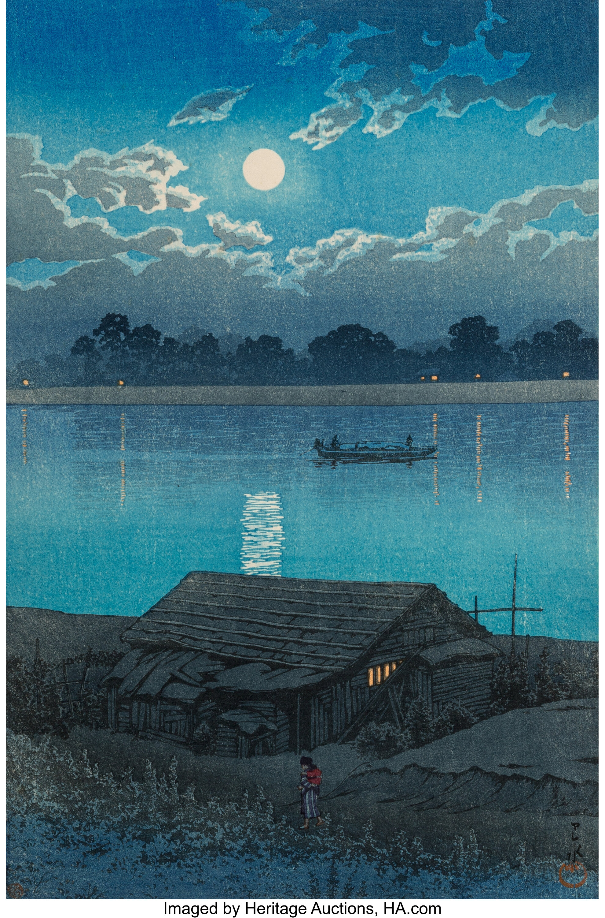 Hasui Kawase (japanese, 1883-1957). Moonlight On Arakawa River. 