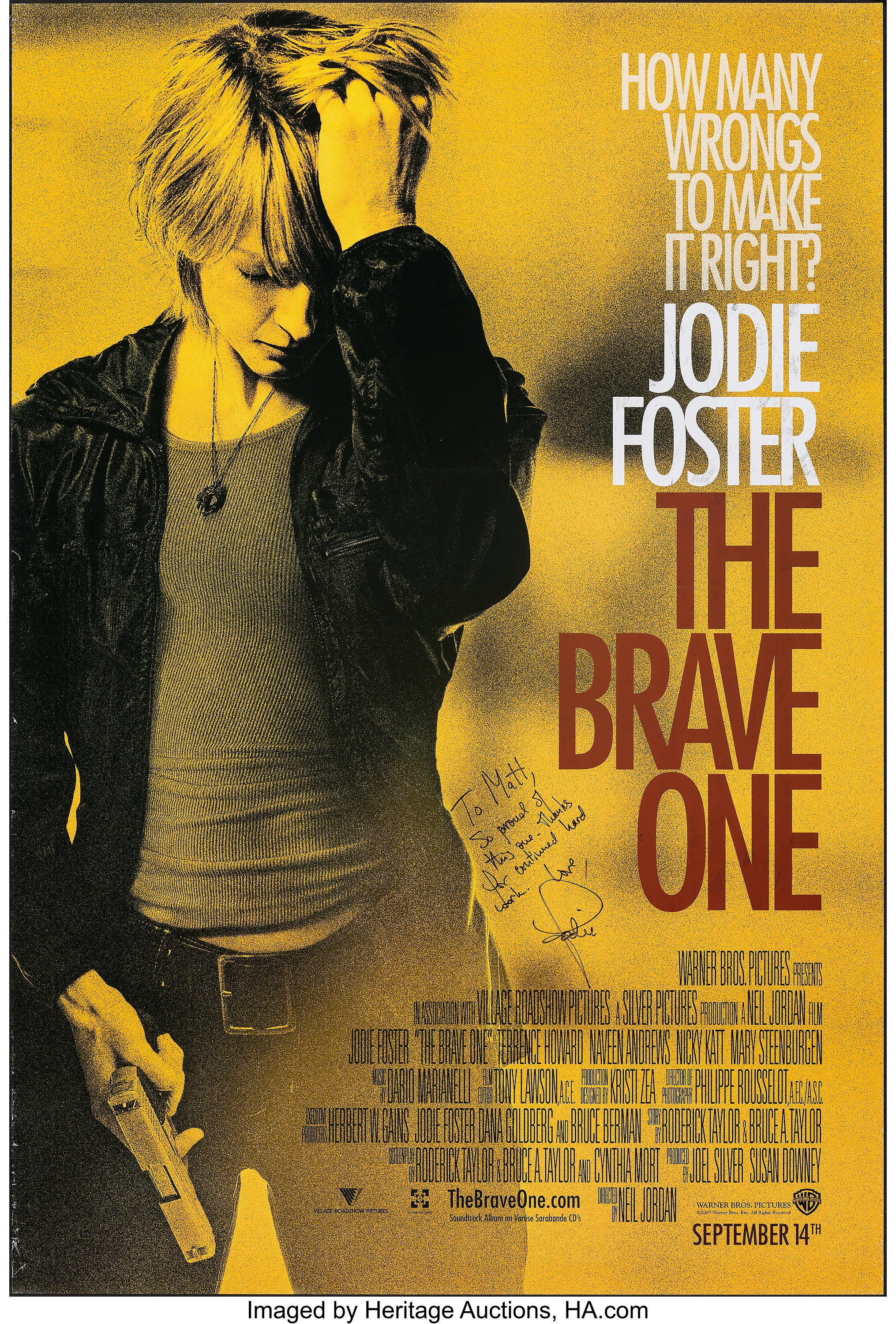 The Brave One (Warner Bros., 2007). Rolled, Very Fine. Signed One, Lot  #51060