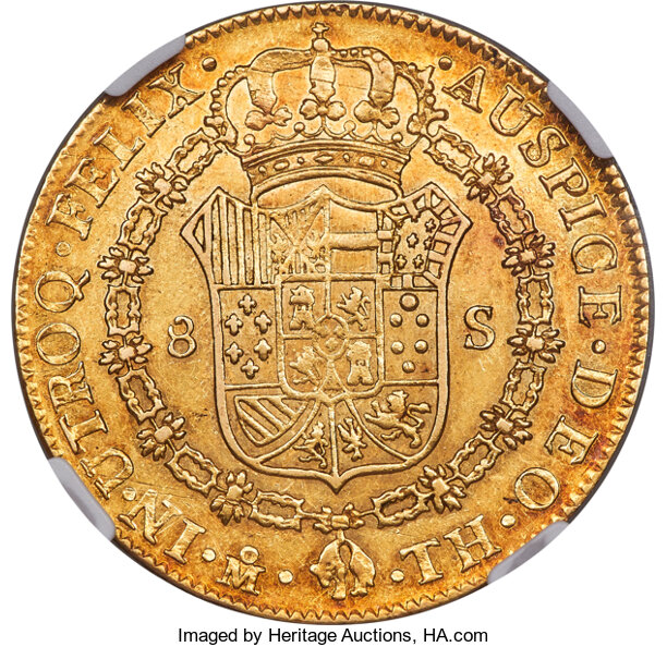 Mexico: Ferdinand VII gold 8 Escudos 1808 Mo-TH AU58 NGC