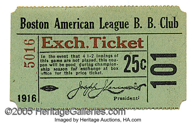 1916 BOSTON RED SOX TICKET STUB. The 1916 Red Sox won the Americ... | Lot  #1015 | Heritage Auctions