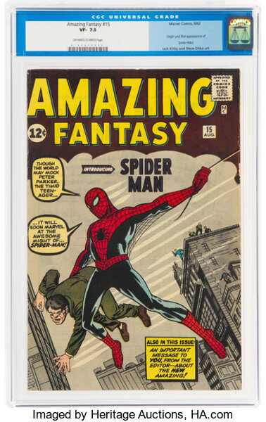 Silver Age (1956-1969):Superhero, Amazing Fantasy #15 (Marvel, 1962) CGC VF- 7.5 Off-white to white pages....