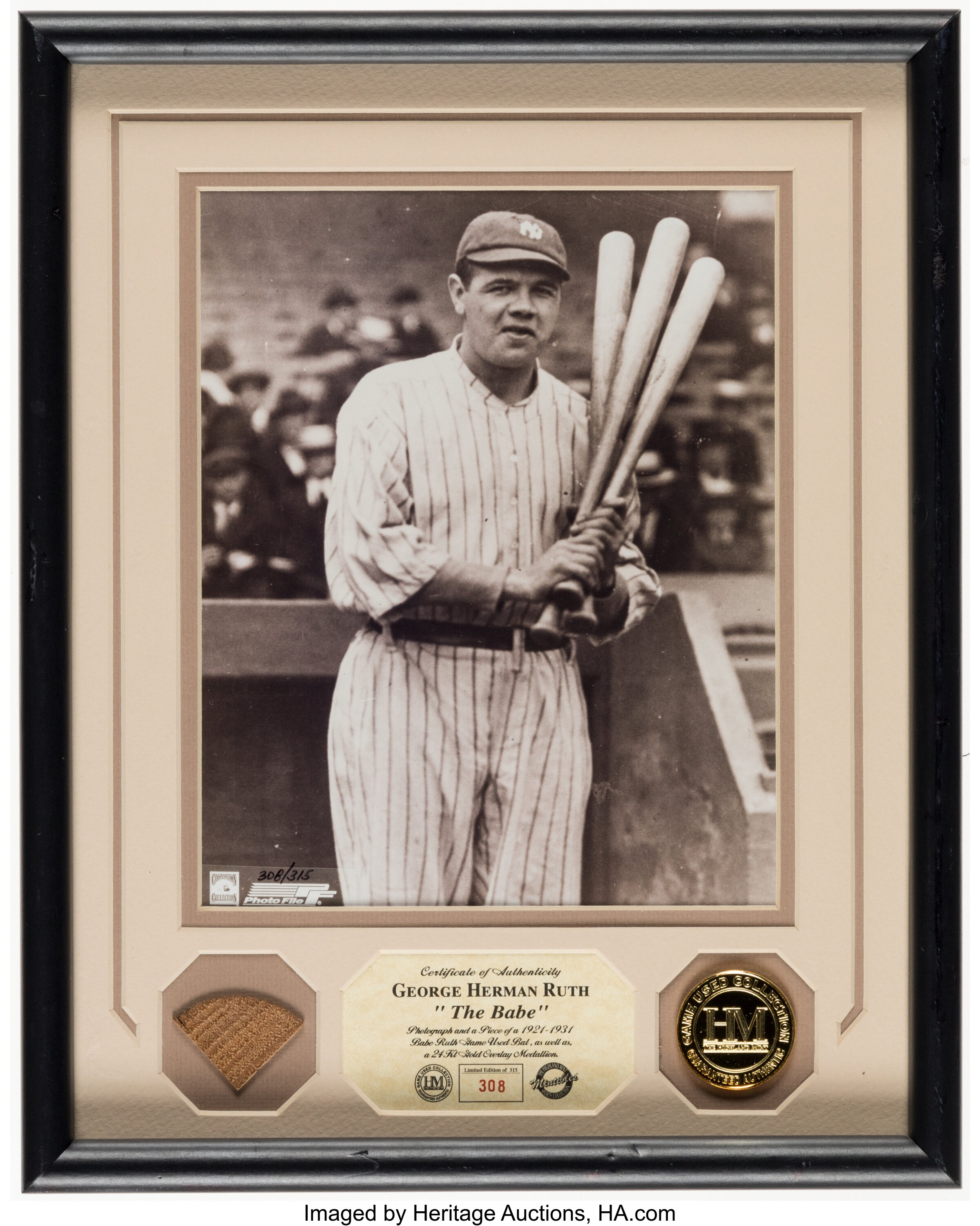 Charitybuzz: Babe Ruth Framed Piece of a 1934 Game-Used Bat Display