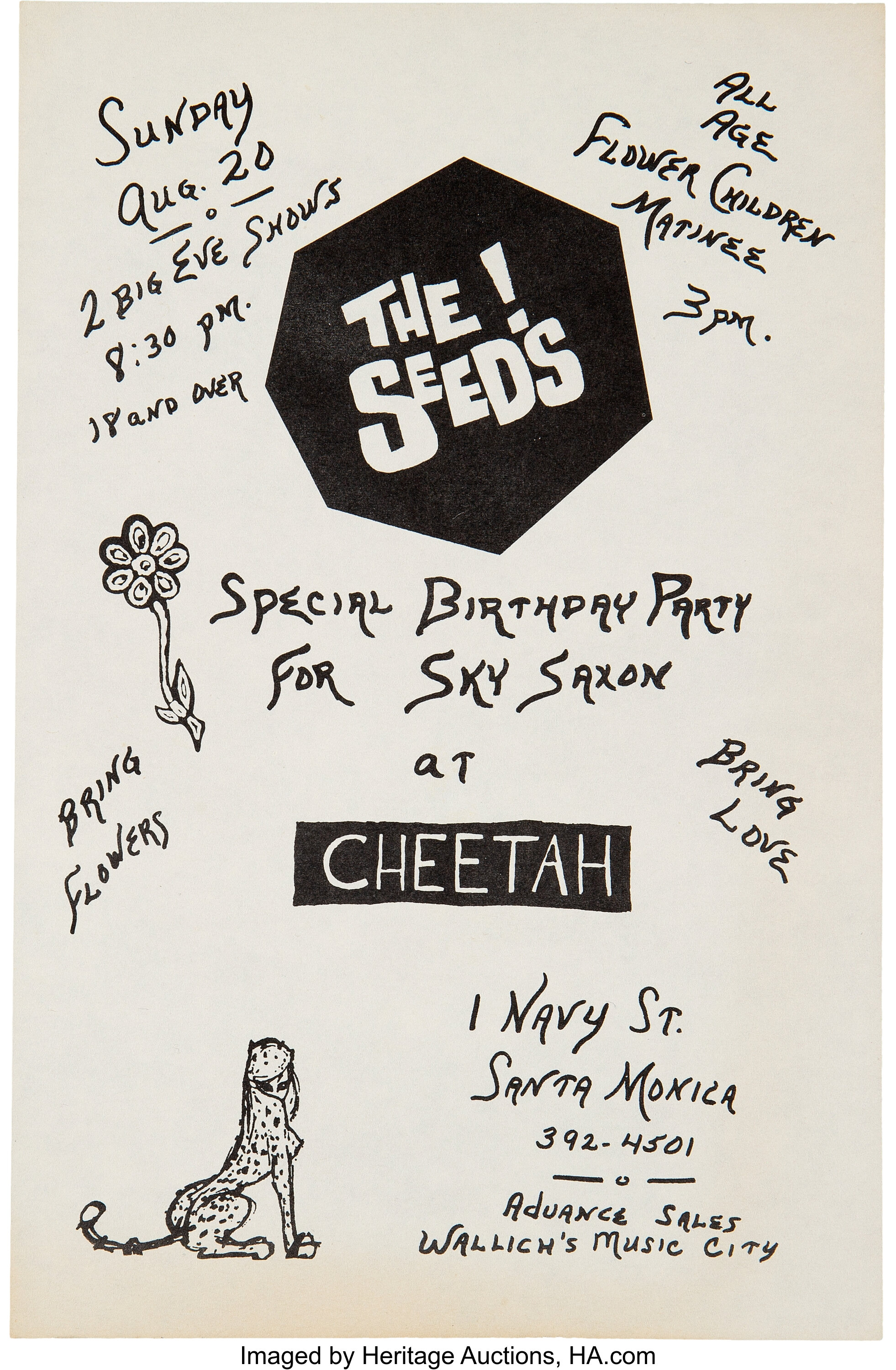 The Seeds 1967 Sky Saxon's Birthday Party Show Handbill at L.A.'s | Lot