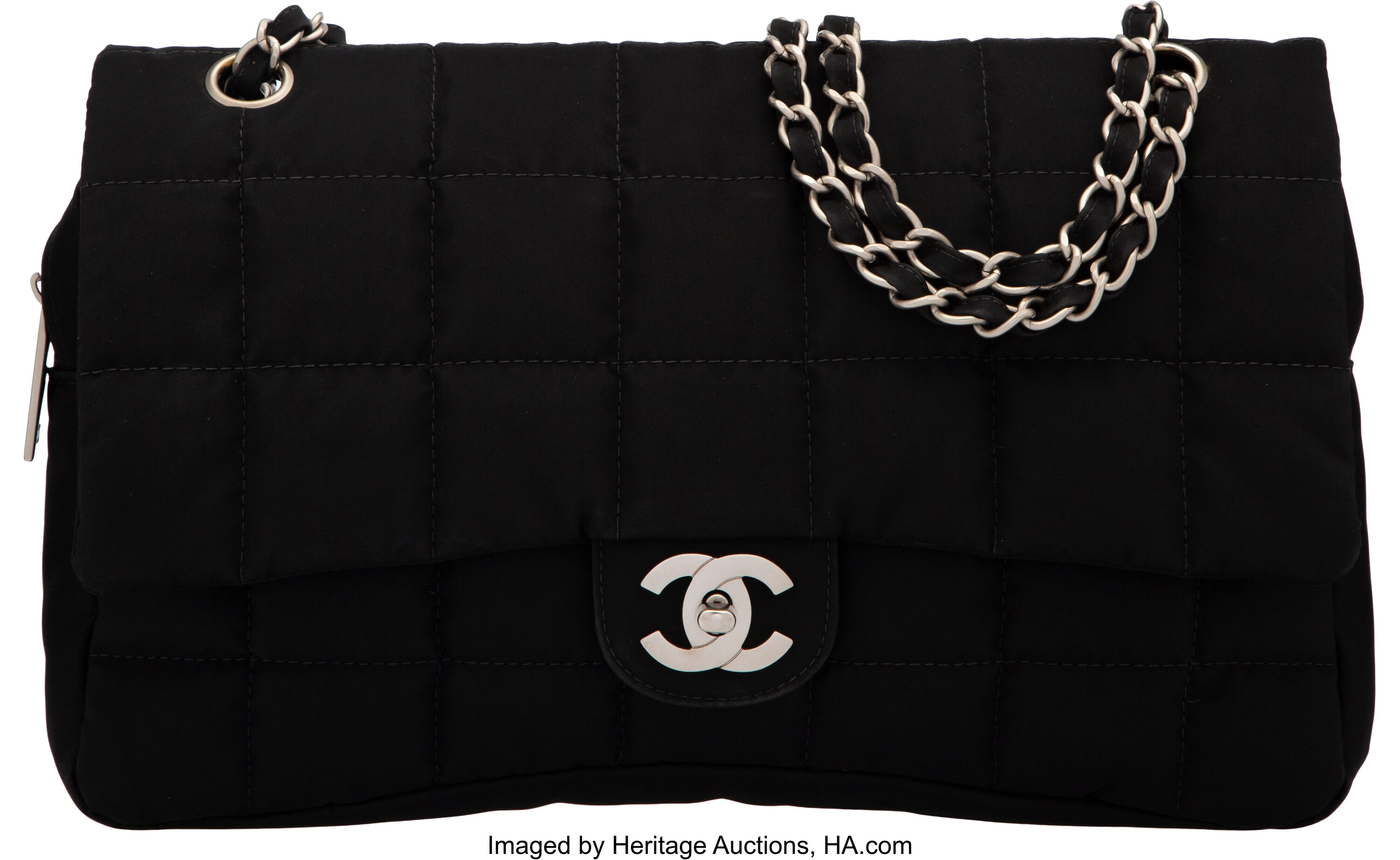 Chanel Black Quilted Nylon Flap Bag with Brushed Silver Hardware., Lot  #58221