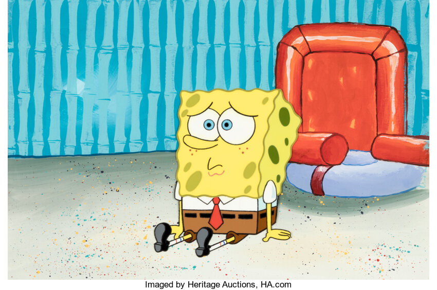 spongebob sitting on a chair