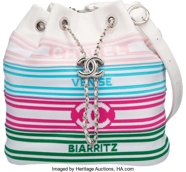Chanel White Leather Venise Biarritz Drawstring Bucket Bag with, Lot  #58082