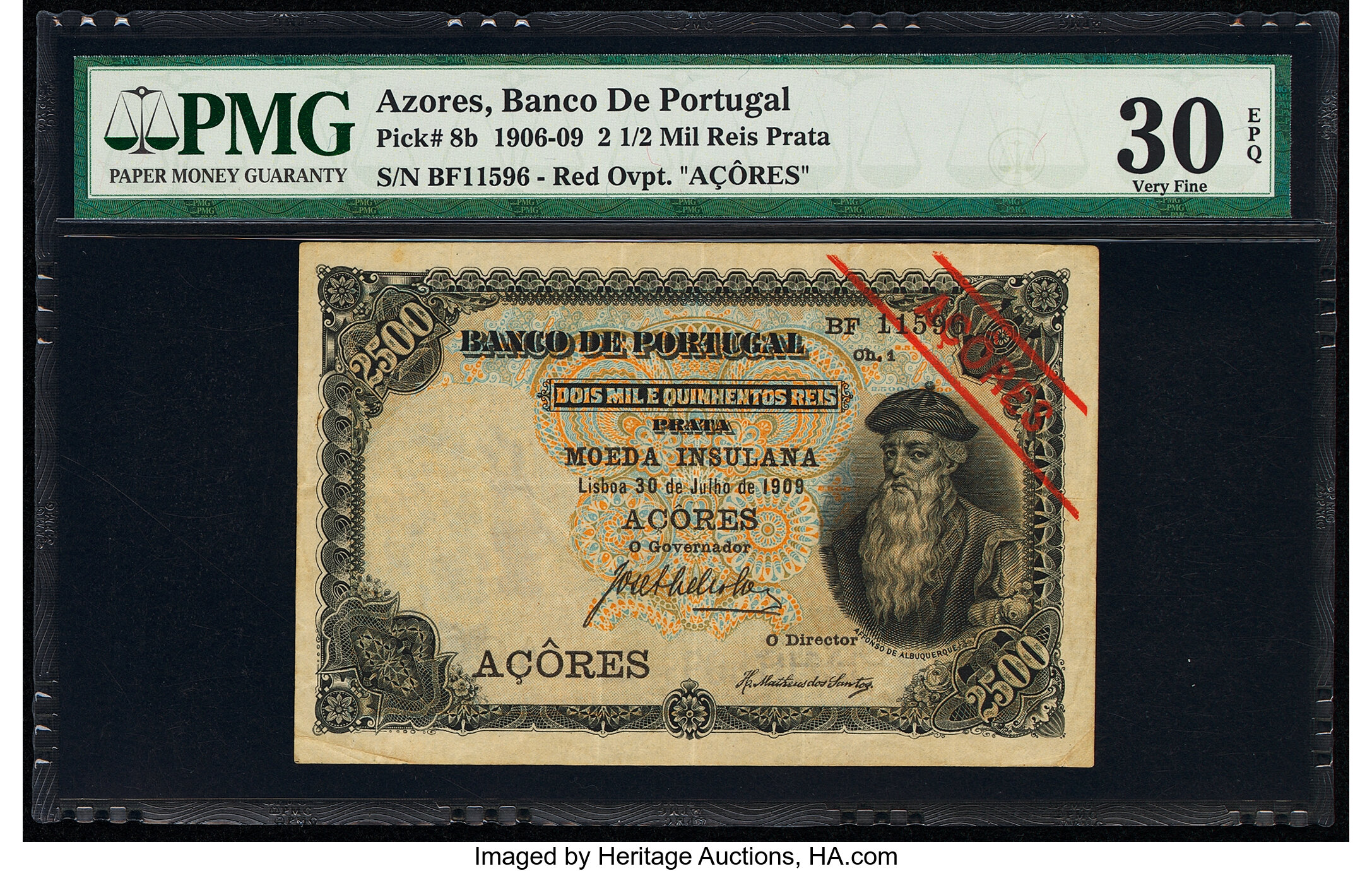 Azores Banco de Portugal 2 1/2 Mil Reis Prata 30.7.1909 Pick 8b