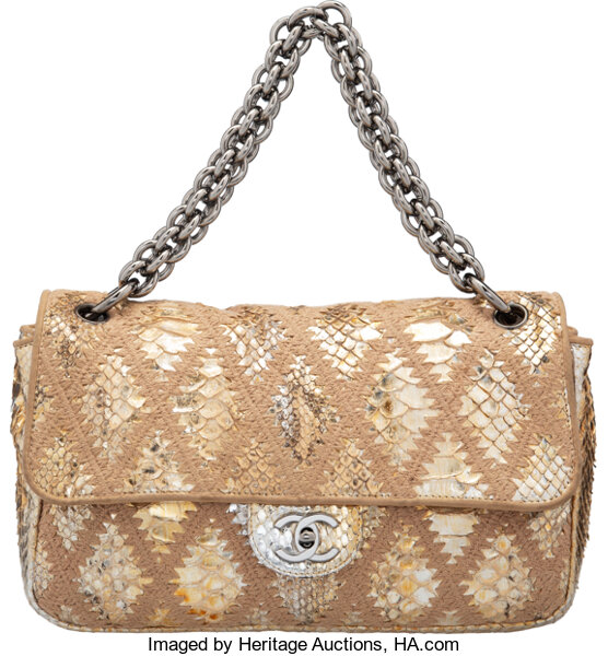 Chanel Gold Metallic Python & Crochet Jumbo Flap Bag. Condition: 4., Lot  #58222