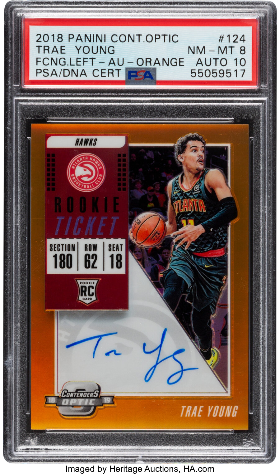 2018 Panini Contenders Optic Trae Young (Facing Left Autographs-Orange) #124 PSA Gem Mint 10, Auto 10 - #'d 23/25