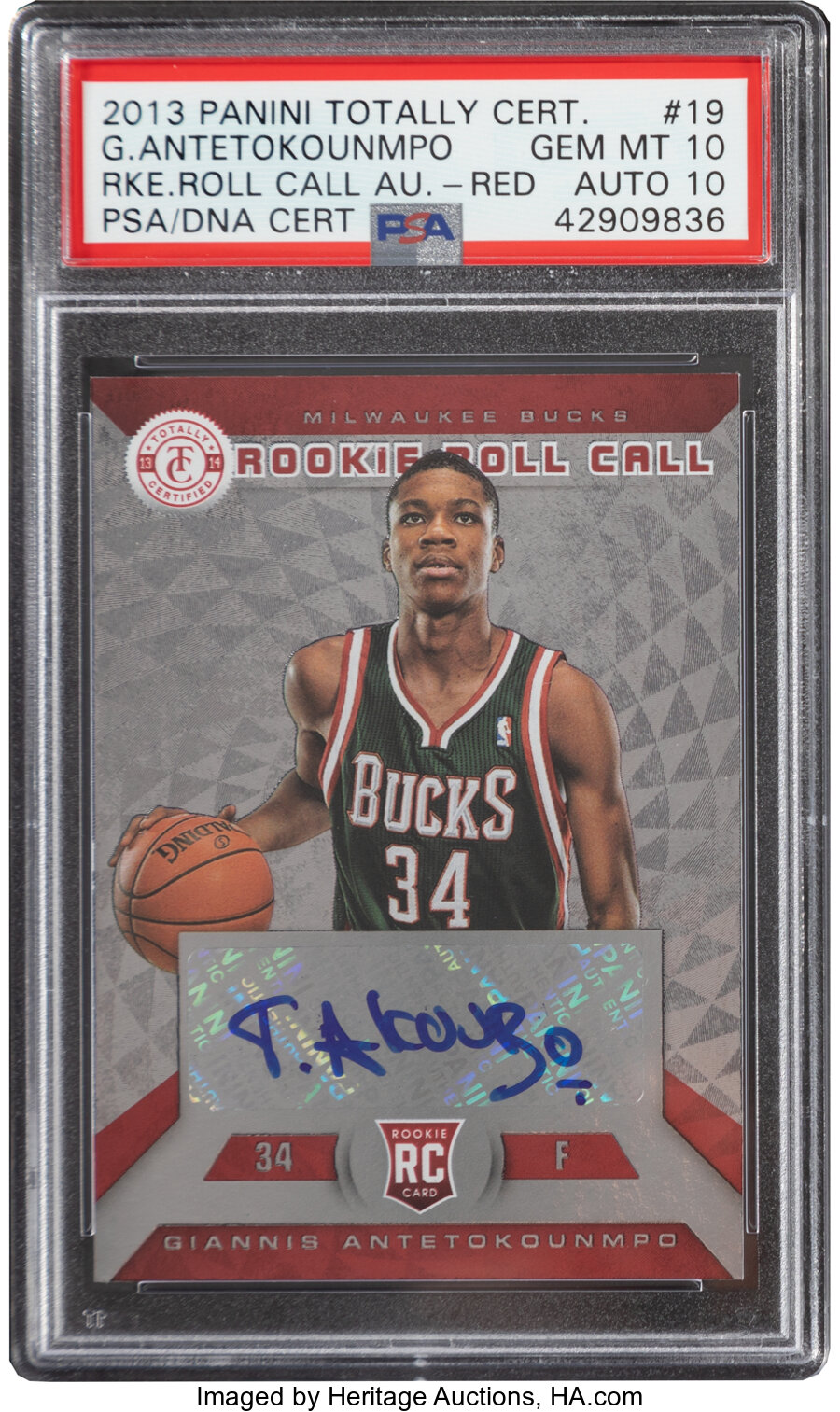 2013 Panini Totally Certified Giannis Antetokounmpo (Rookie Roll Call Autographs-Red) #19 PSA Gem Mint 10, Auto 10 - #35/99