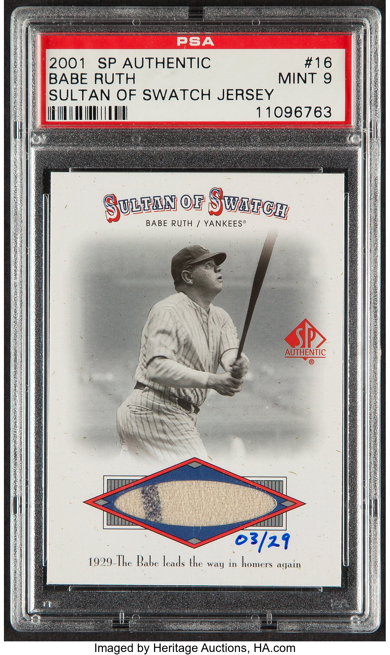 2001 SP Authentic Sultan of Swat Babe Ruth Jersey Relic #SOS16 PSA, Lot  #44071