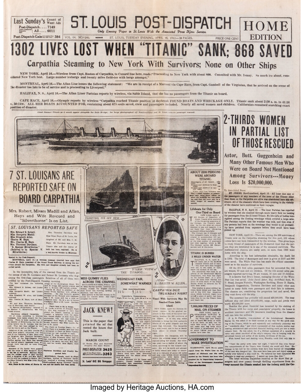 Debbie Reynolds personal Titanic sinking reprinted St. Louis | Lot #1340 |  Heritage Auctions