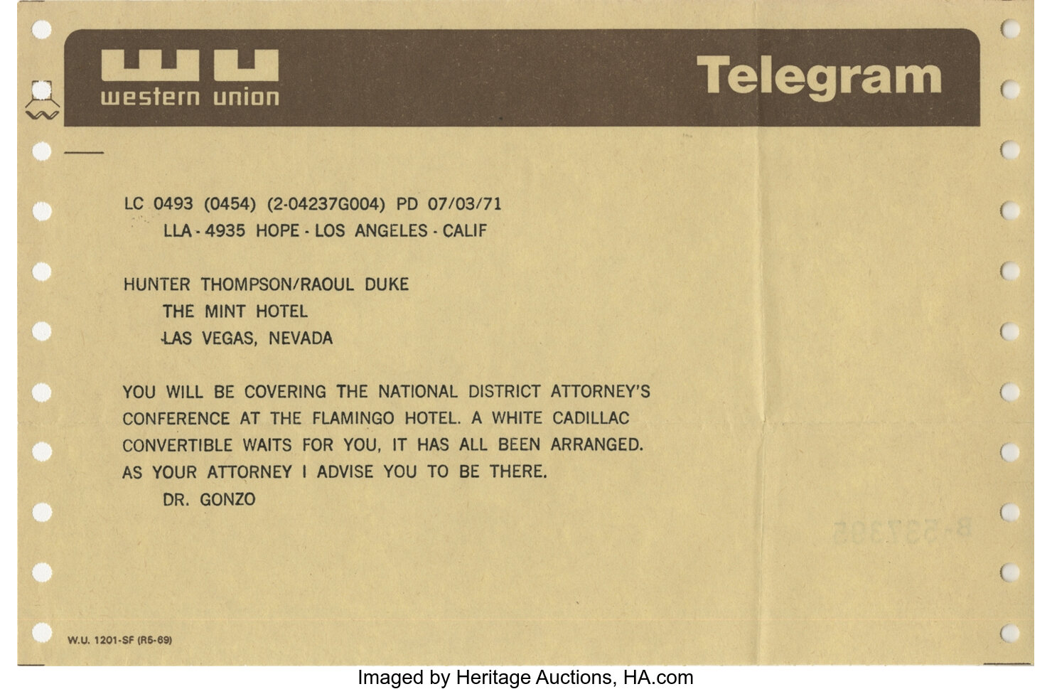 Johnny Depp “Raoul Duke” prop telegram from Fear and Loathing in Las