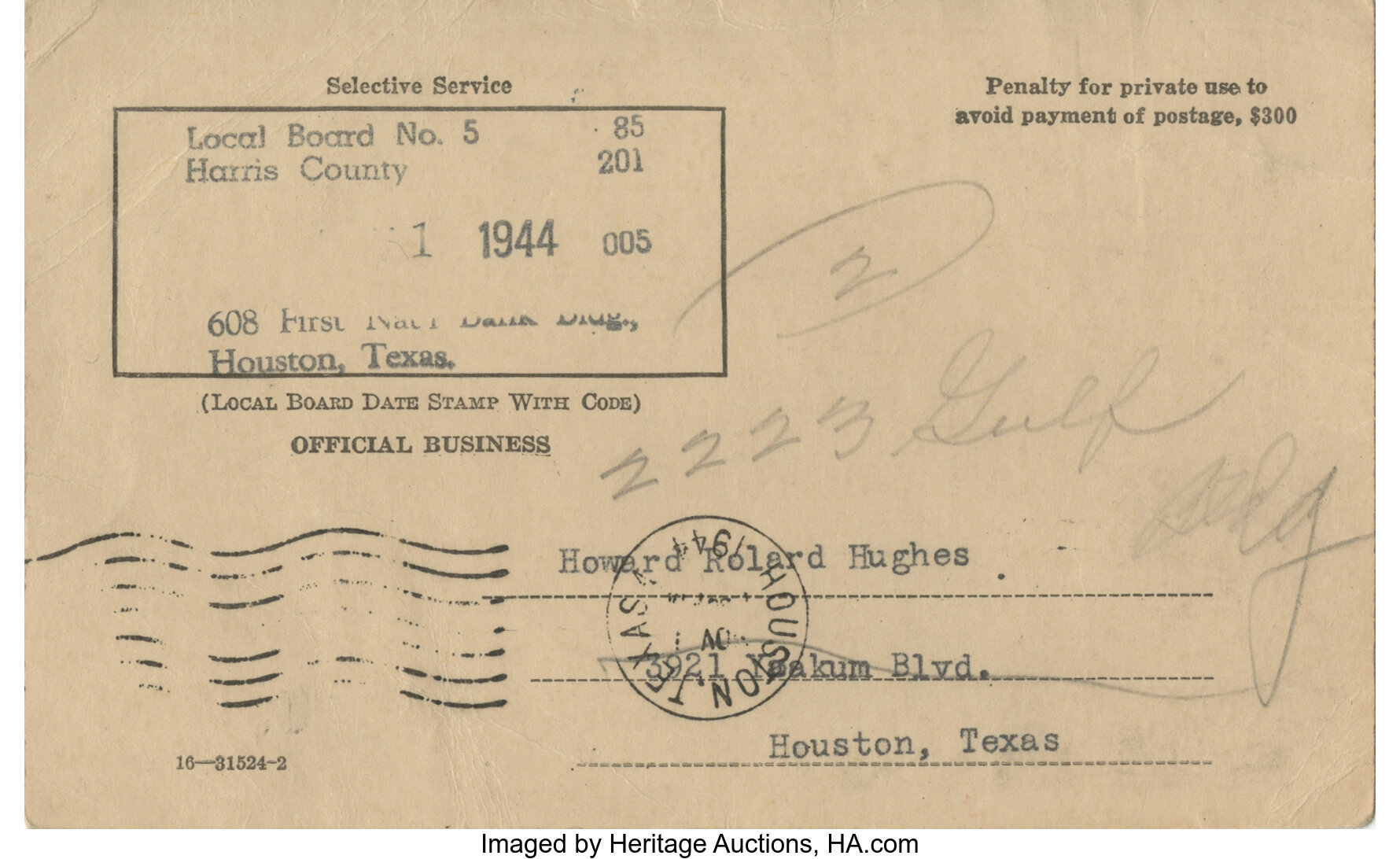 Howard Hughes personal Selective Service card and handwritten card ...